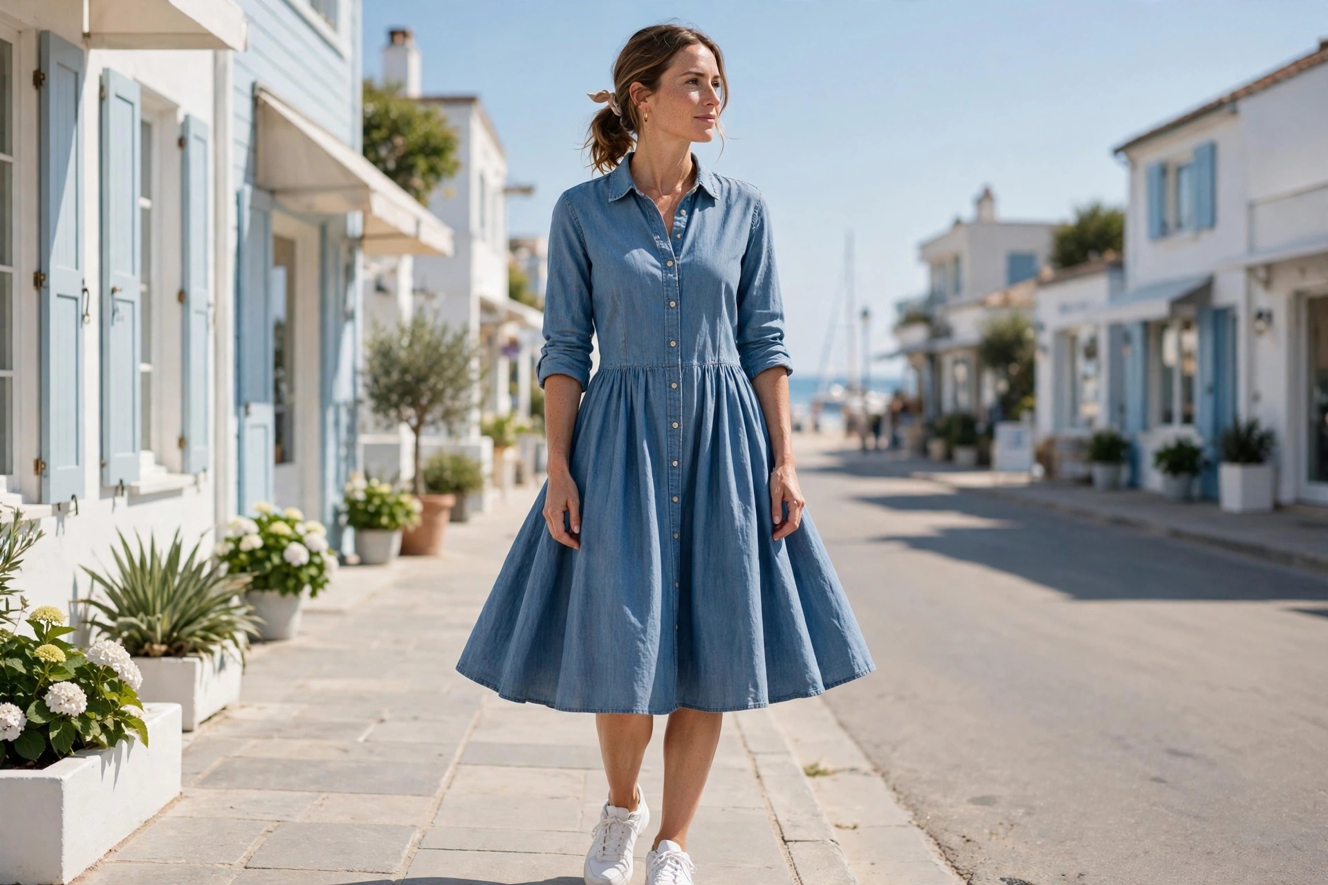 Inverted triangle woman wearing a chambray shirt dress with a full flared skirt and white sneakers in a beach town street
