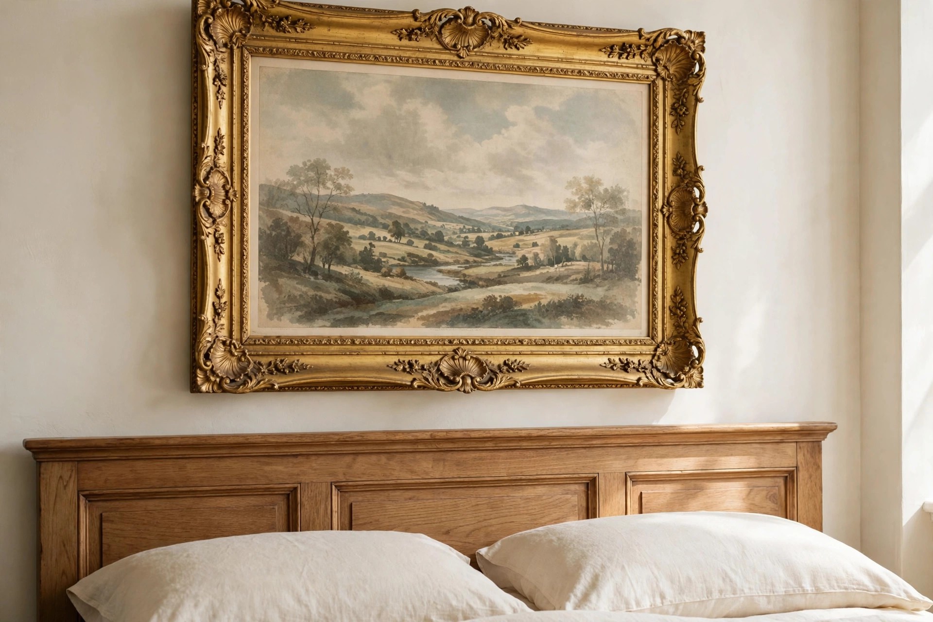 A large ornate gold gilt frame with a faded landscape print hanging above a wooden headboard and cream pillows
