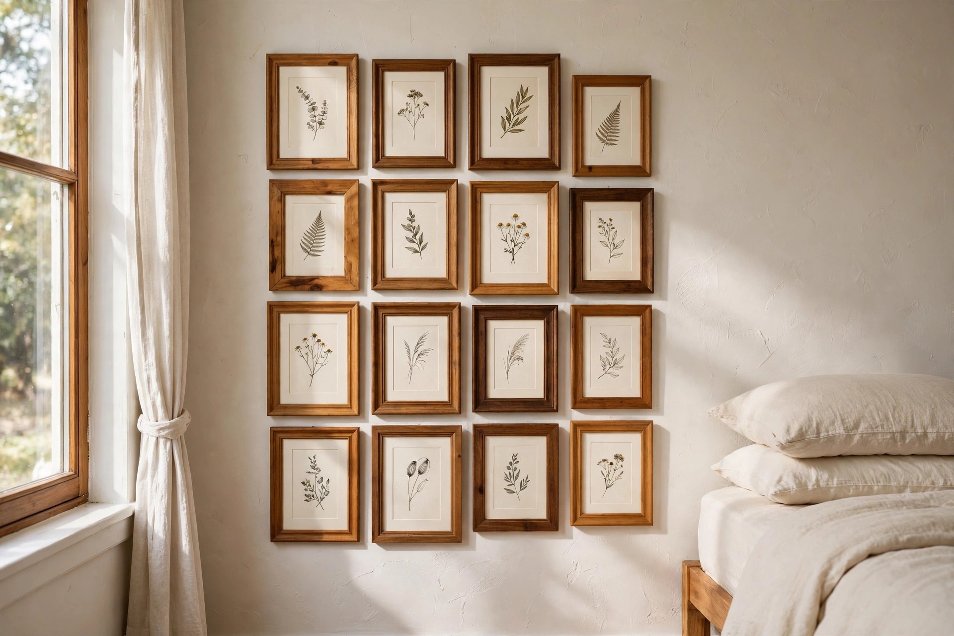 A tight grid of mismatched wood frames in mixed stains holding simple botanical prints beside a bed