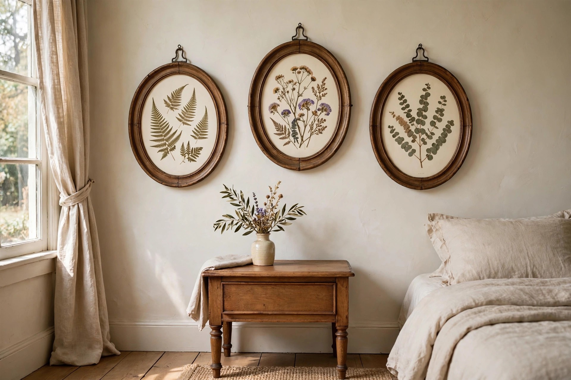 Three antique oval wood frames with pressed fern and flower prints above a wooden nightstand with a vase