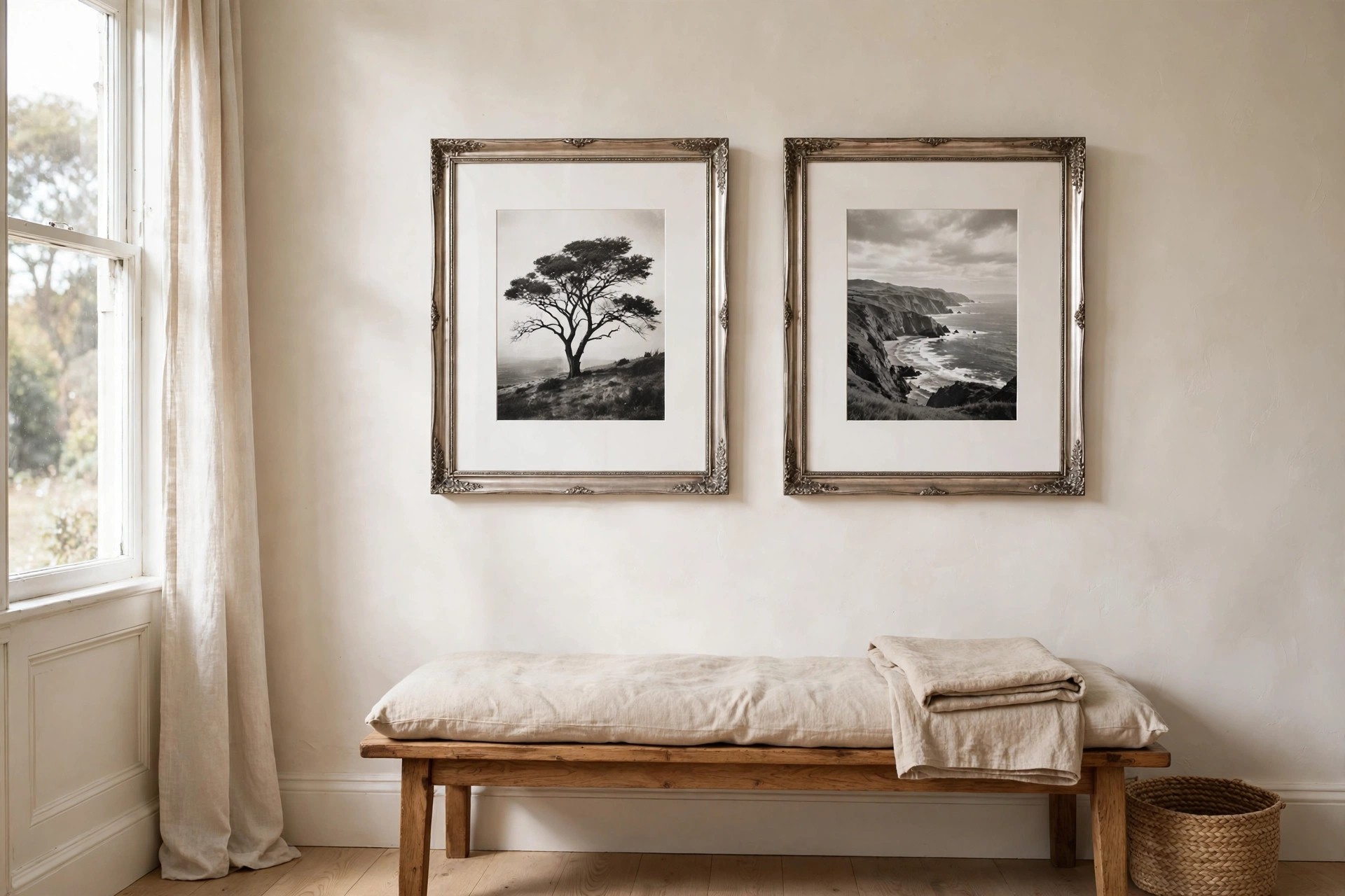 Two silver frames with black and white tree and coastline prints and wide white mats above a wooden bench
