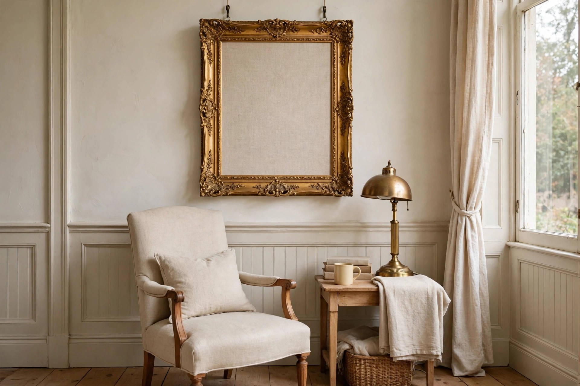 An ornate gold frame with plain linen fabric stretched inside above a cream reading chair and a brass lamp