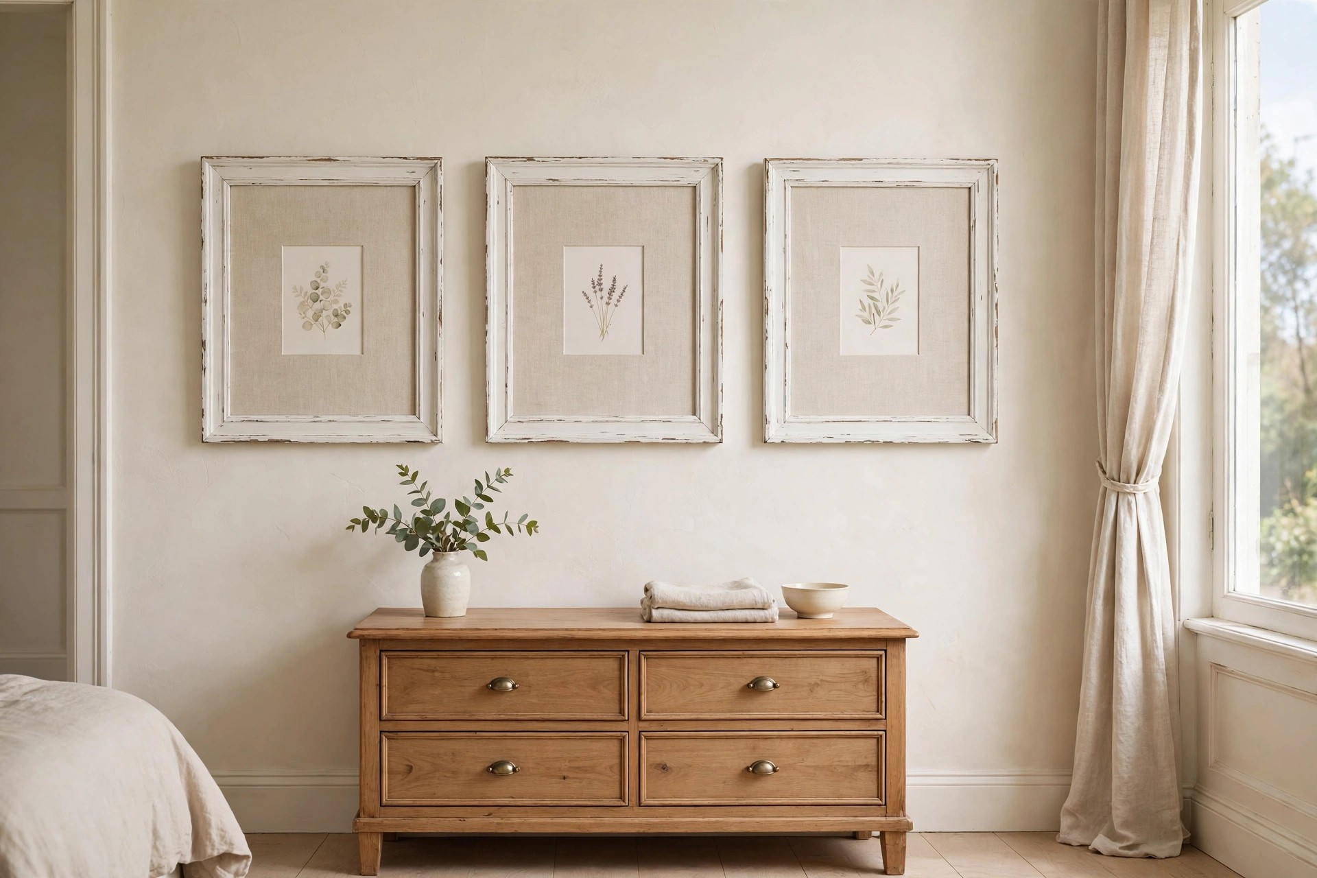 Three distressed white frames with wide linen mats and small pale botanical prints above a wooden dresser