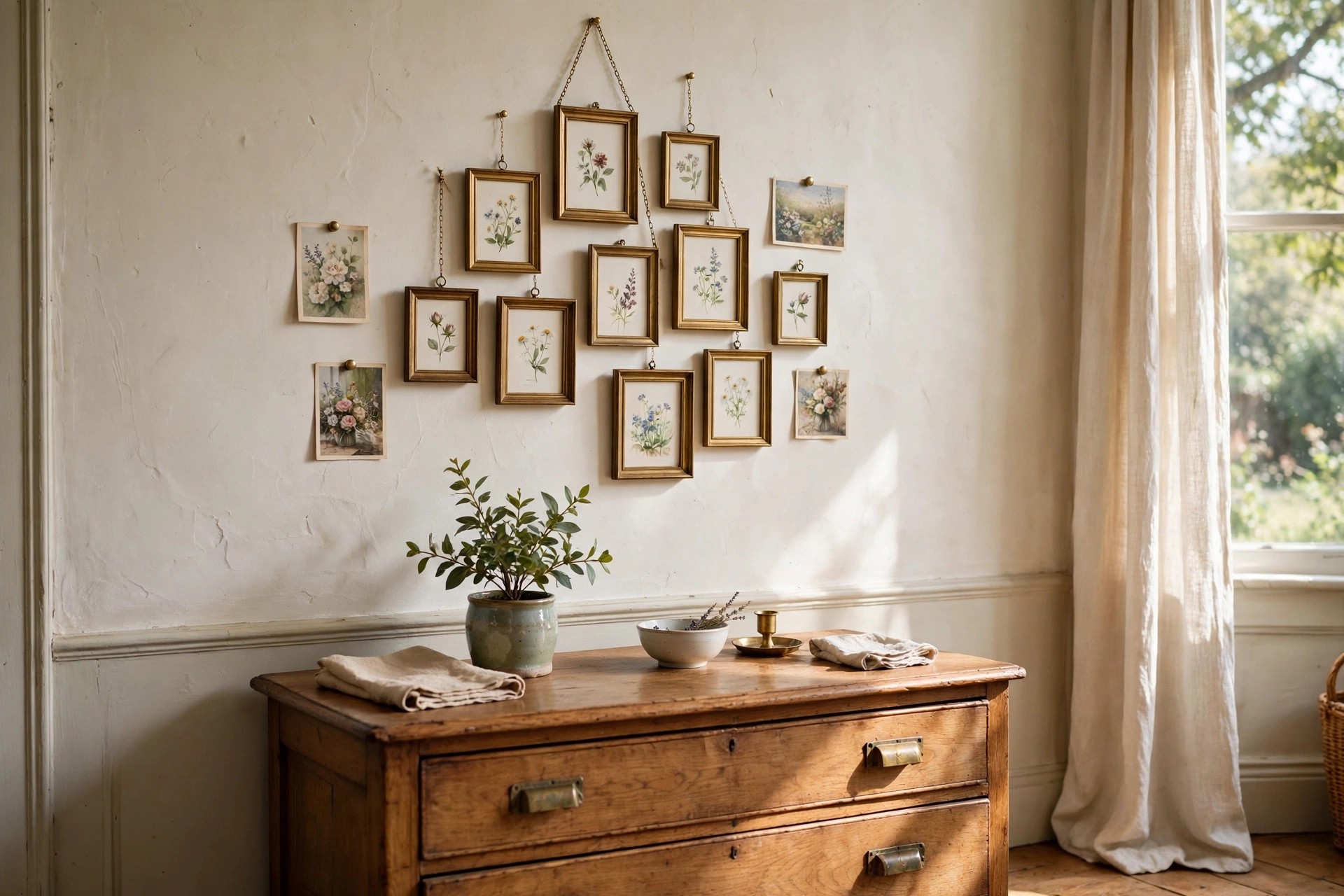 A cluster of small brass frames with tiny floral prints above a wooden dresser with a potted plant