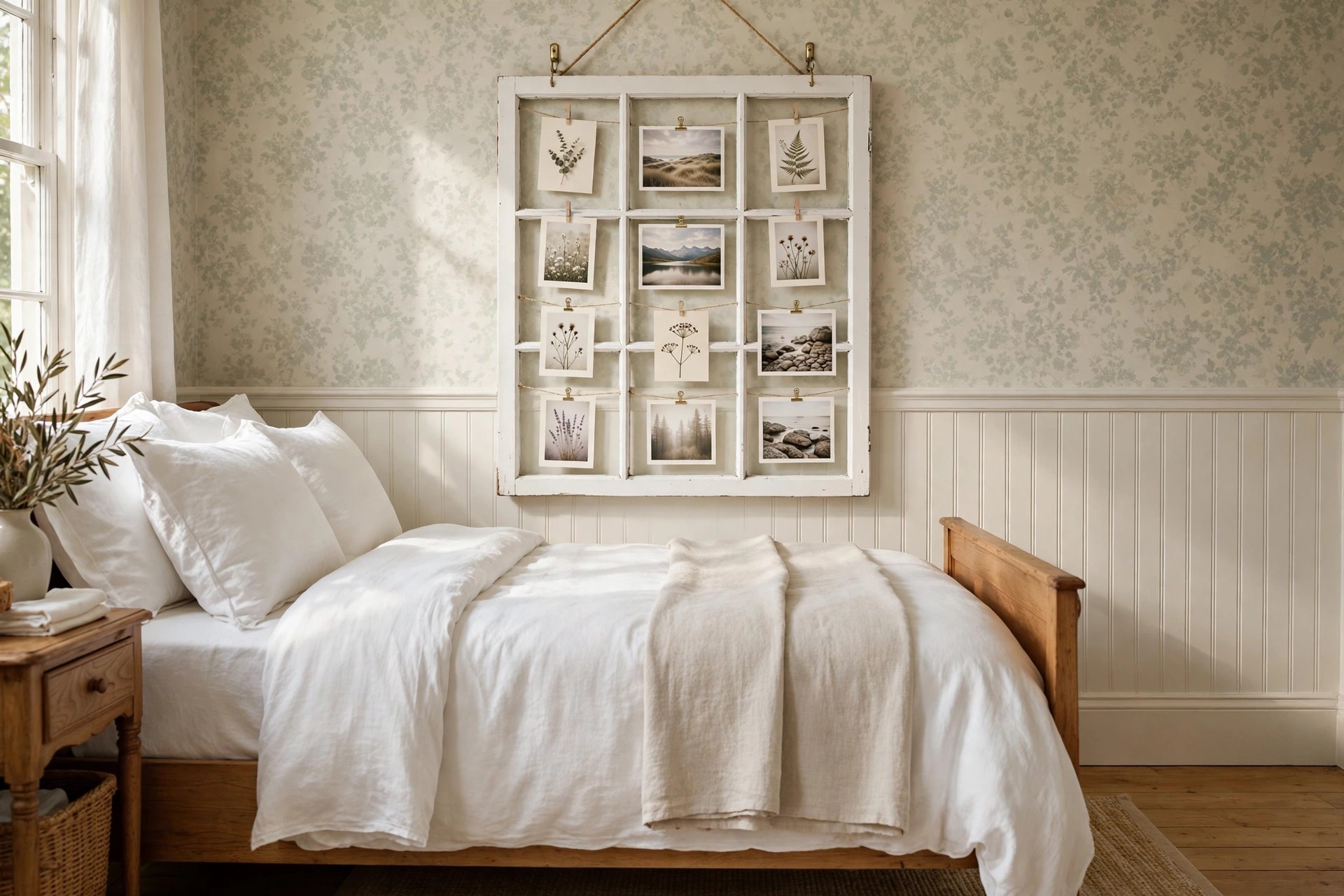 A white salvaged multi pane window frame displaying small photos and prints above a bed with white bedding
