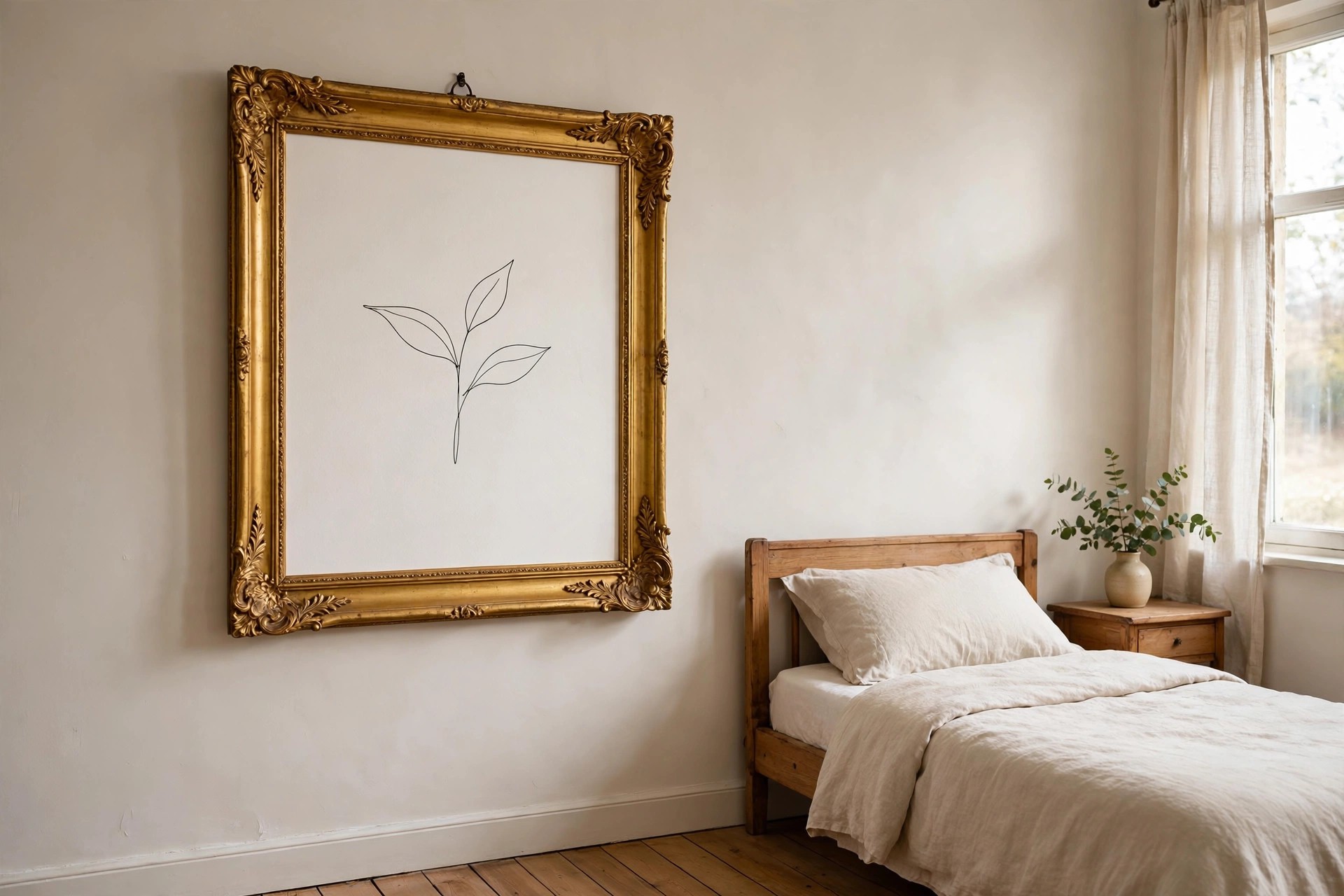 A gilded antique frame with carved corners holding a simple modern line drawing of leaves beside a small bed