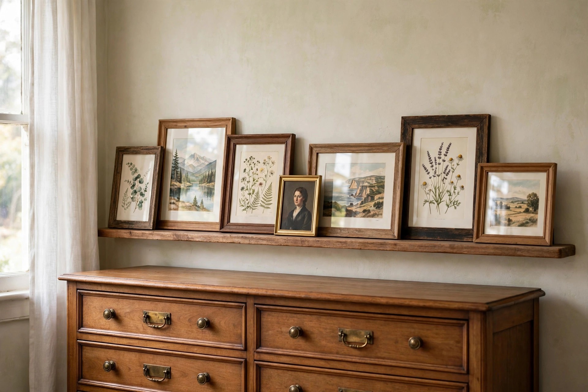 Thrifted frames in mixed sizes filled with landscape and botanical prints leaning on a picture ledge above a dresser