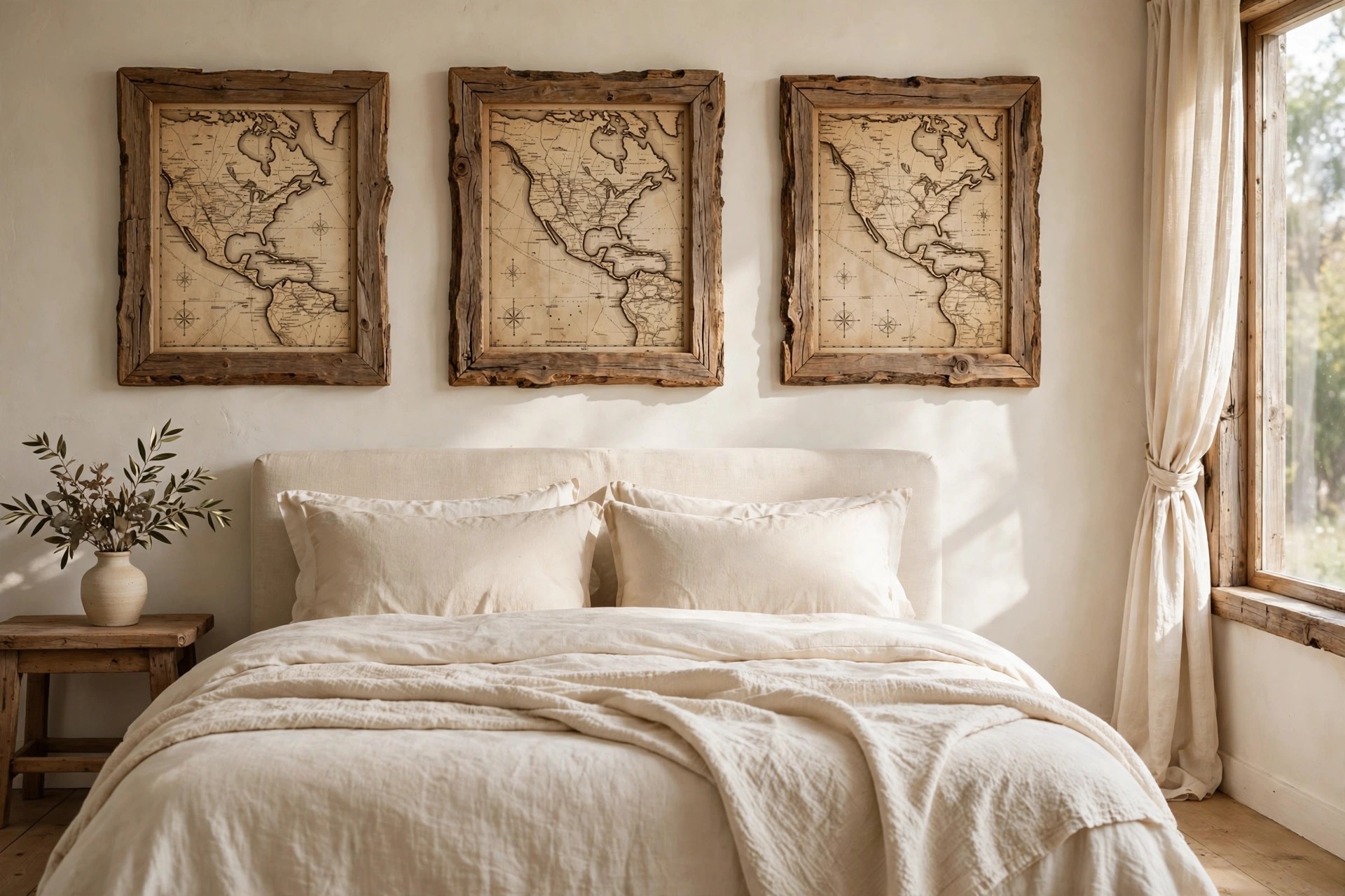 Three sepia vintage maps in rough barn wood frames hanging above a bed with cream bedding