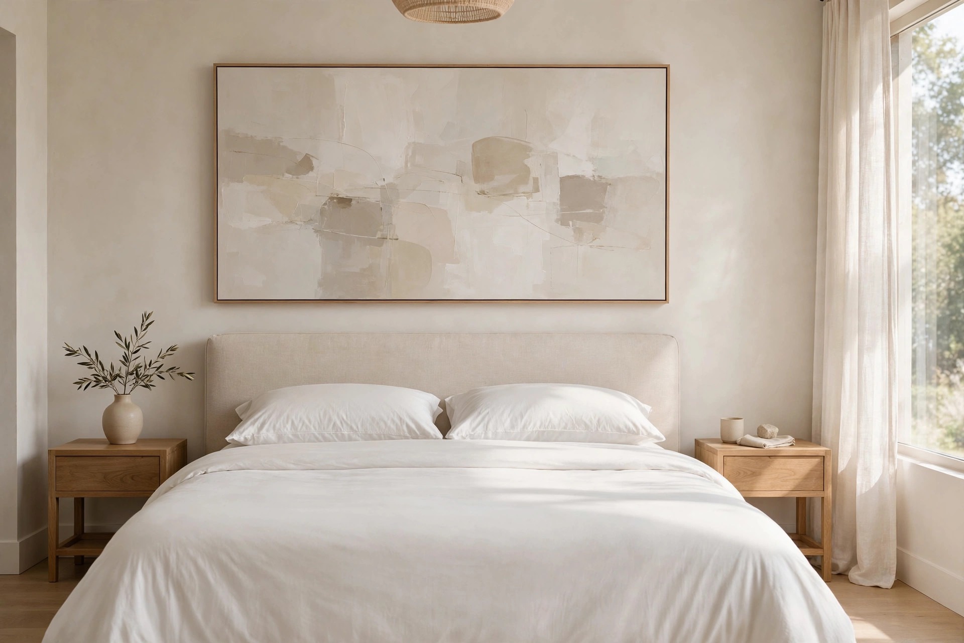 King bed with a single oversized neutral abstract canvas above the headboard
