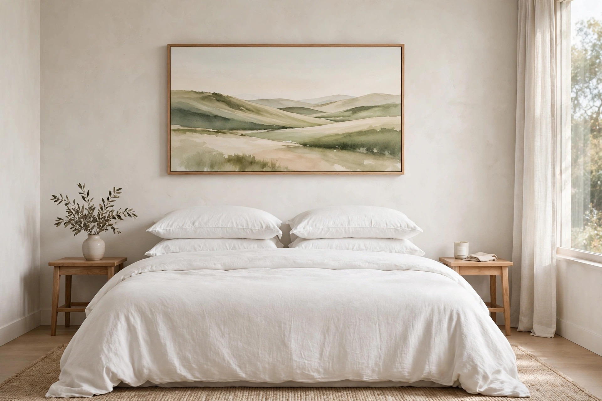King bed with a wide horizontal landscape painting of soft green hills in a wood frame