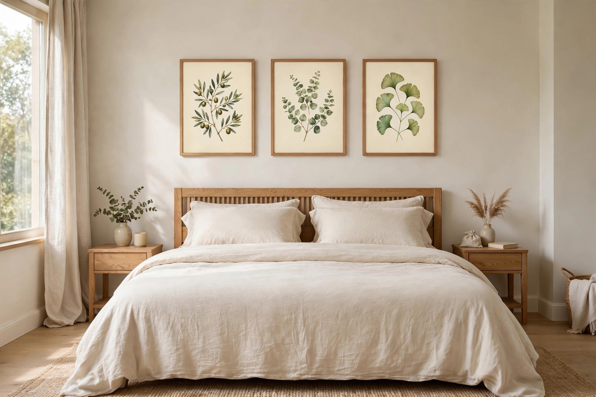 King bed with three framed botanical prints in a row above a wood headboard