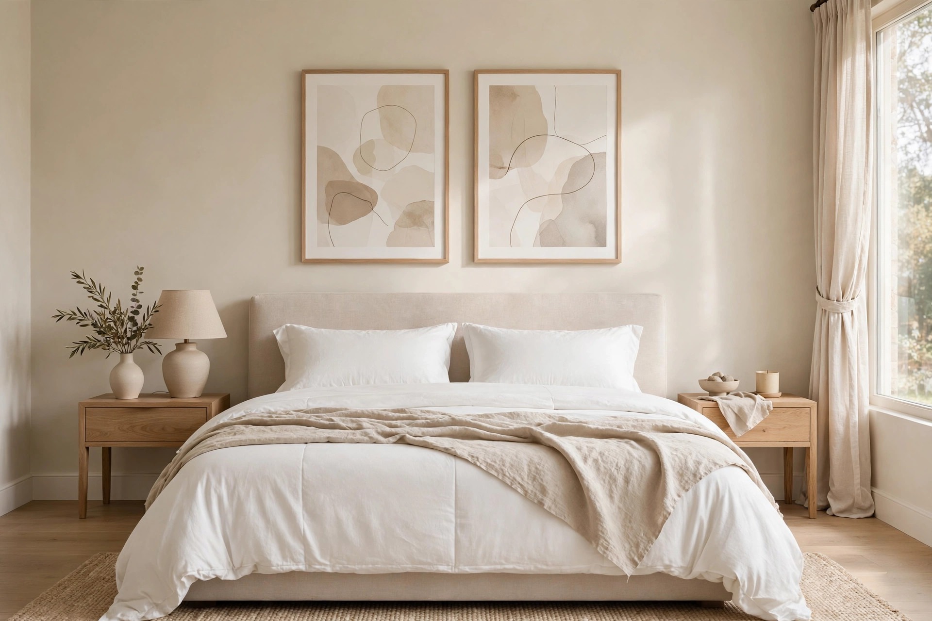 King bed with two matching framed beige abstract prints side by side above the headboard