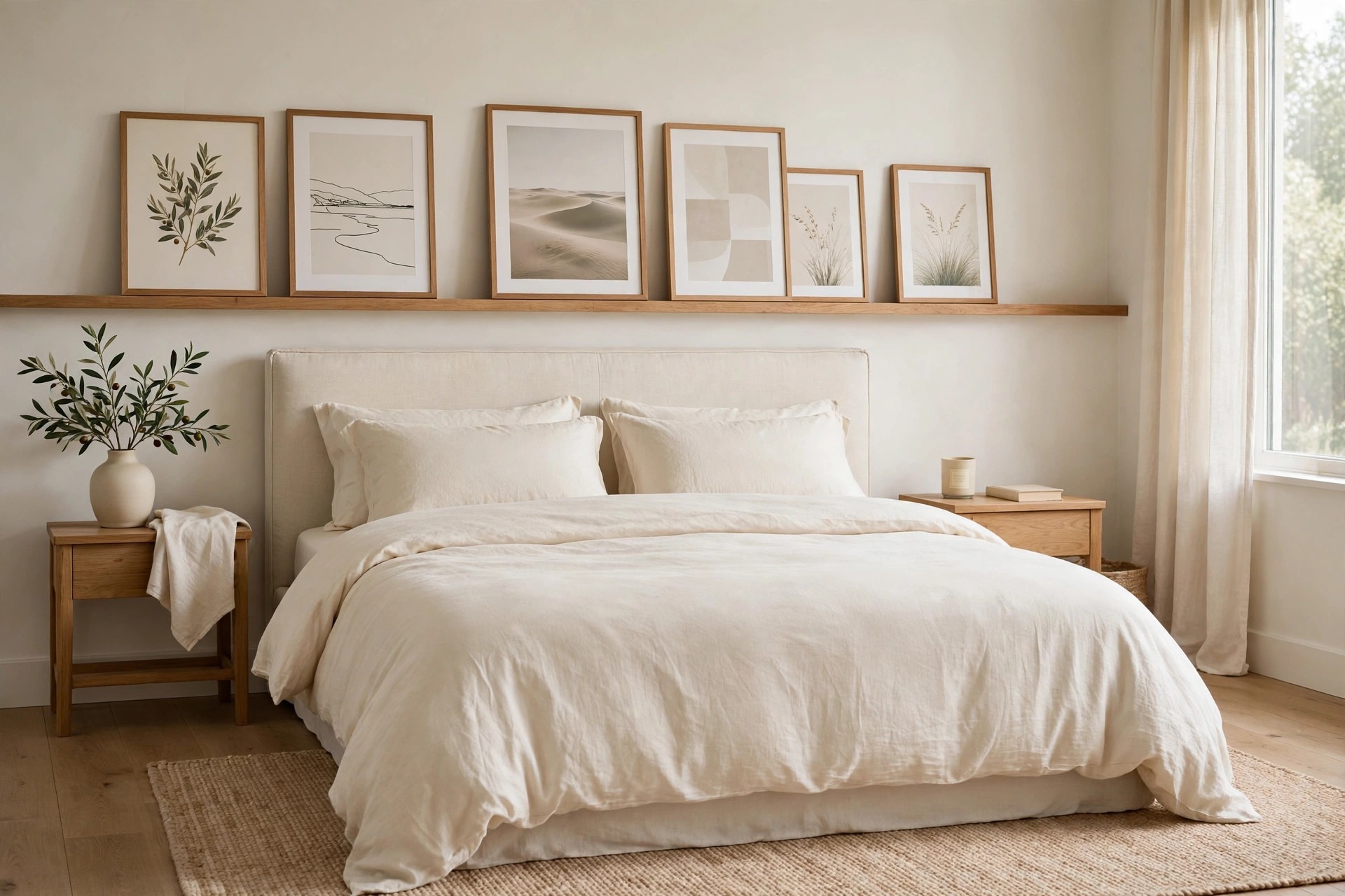 King bed with a long wood picture ledge above the headboard holding leaning framed prints