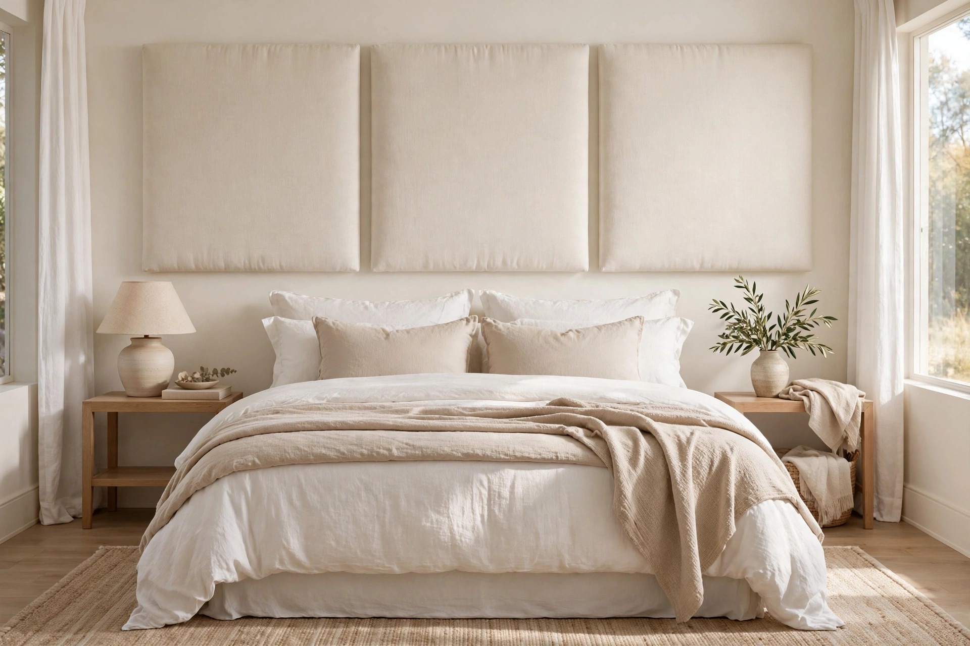 King bed with three cream upholstered fabric panels mounted above the bed