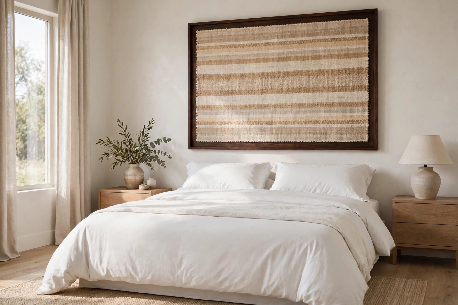 King bed with a large framed woven textile with soft stripes in a dark wood frame