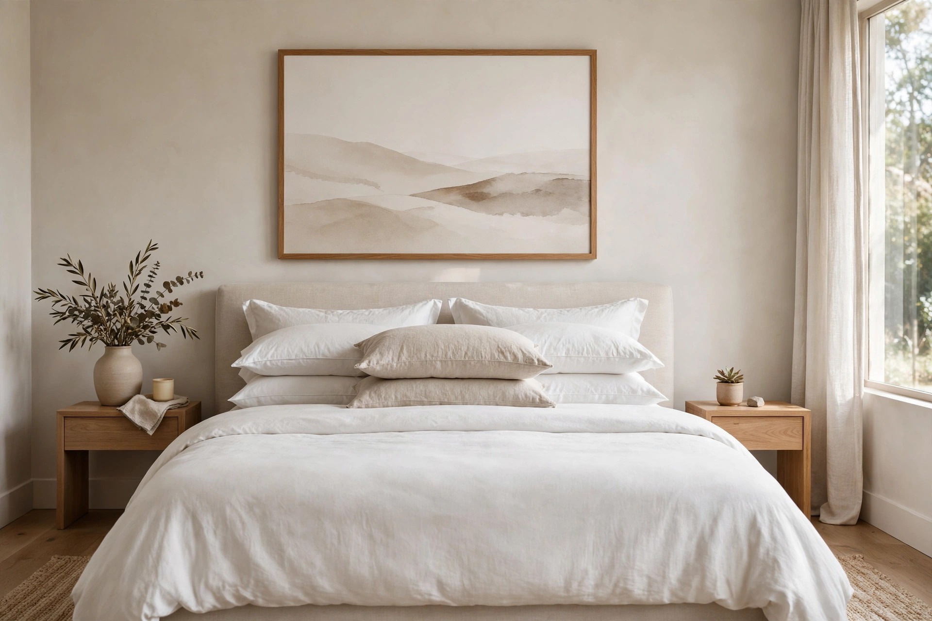 King bed with a wide framed print hung just above the headboard with stacked pillows below