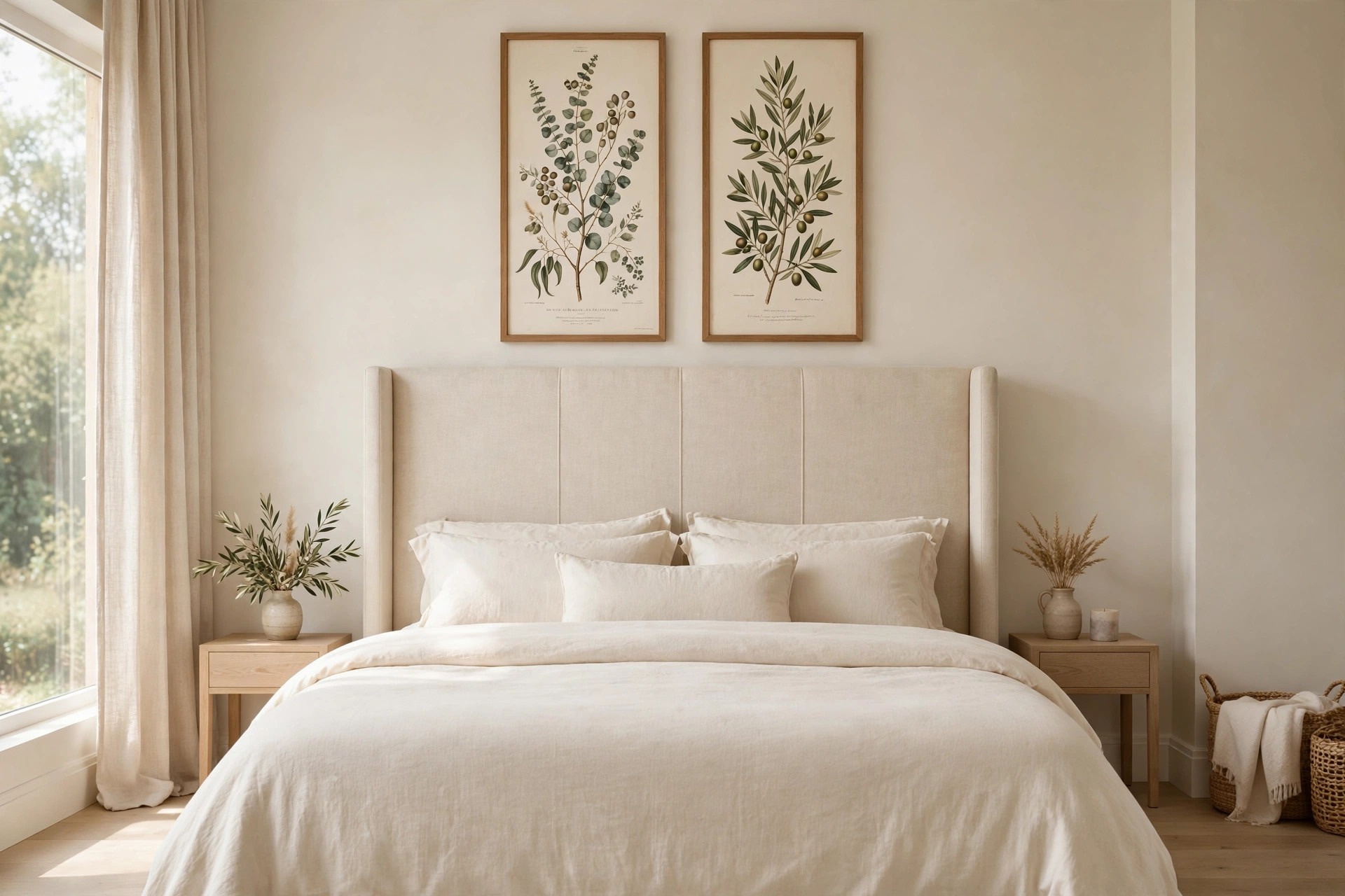 King bed with a tall headboard and two tall framed botanical prints above it