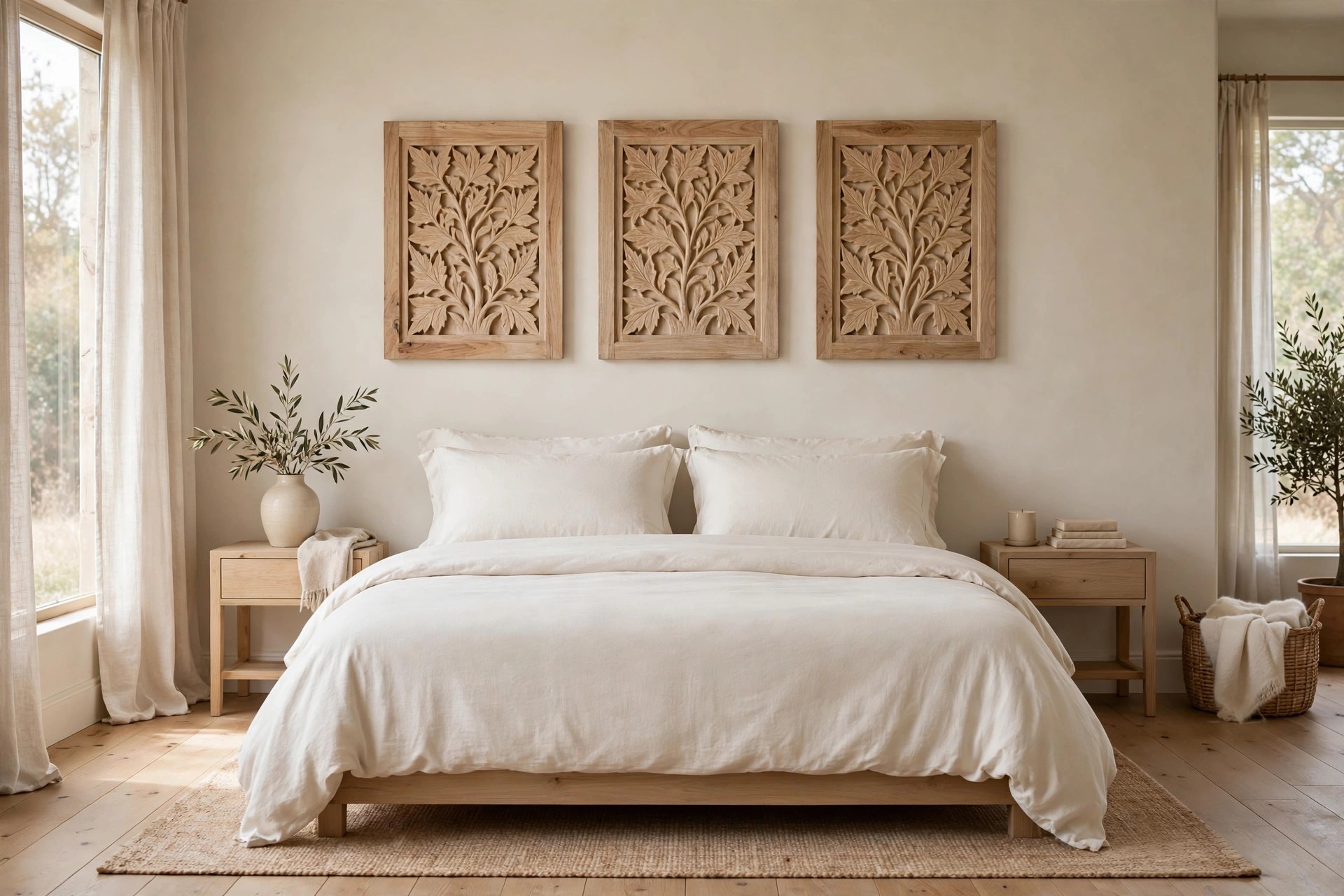 King bed with three carved light wood leaf panels in a row above the bed