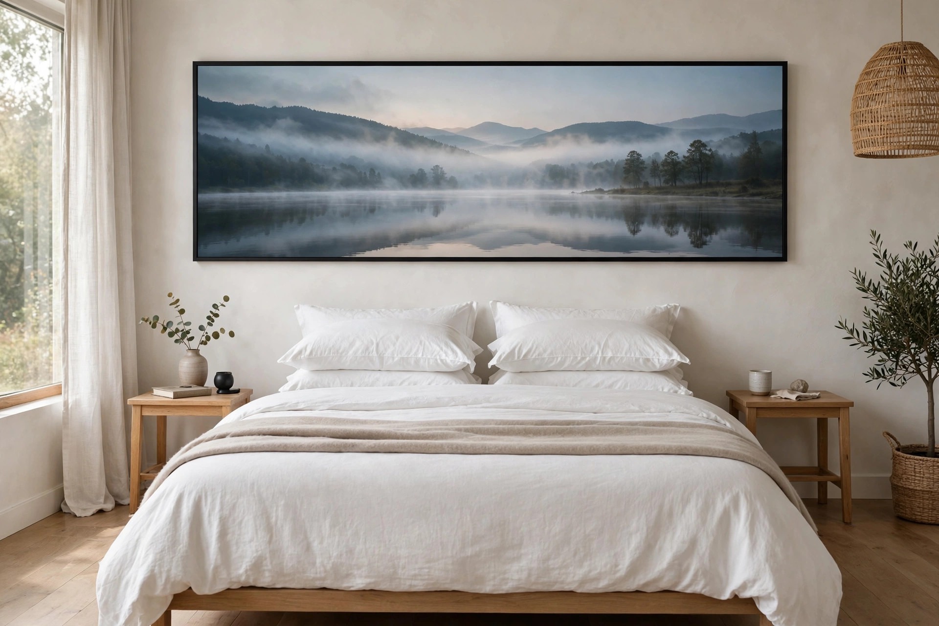 King bed with one panoramic framed print of a misty lake in a thin black frame