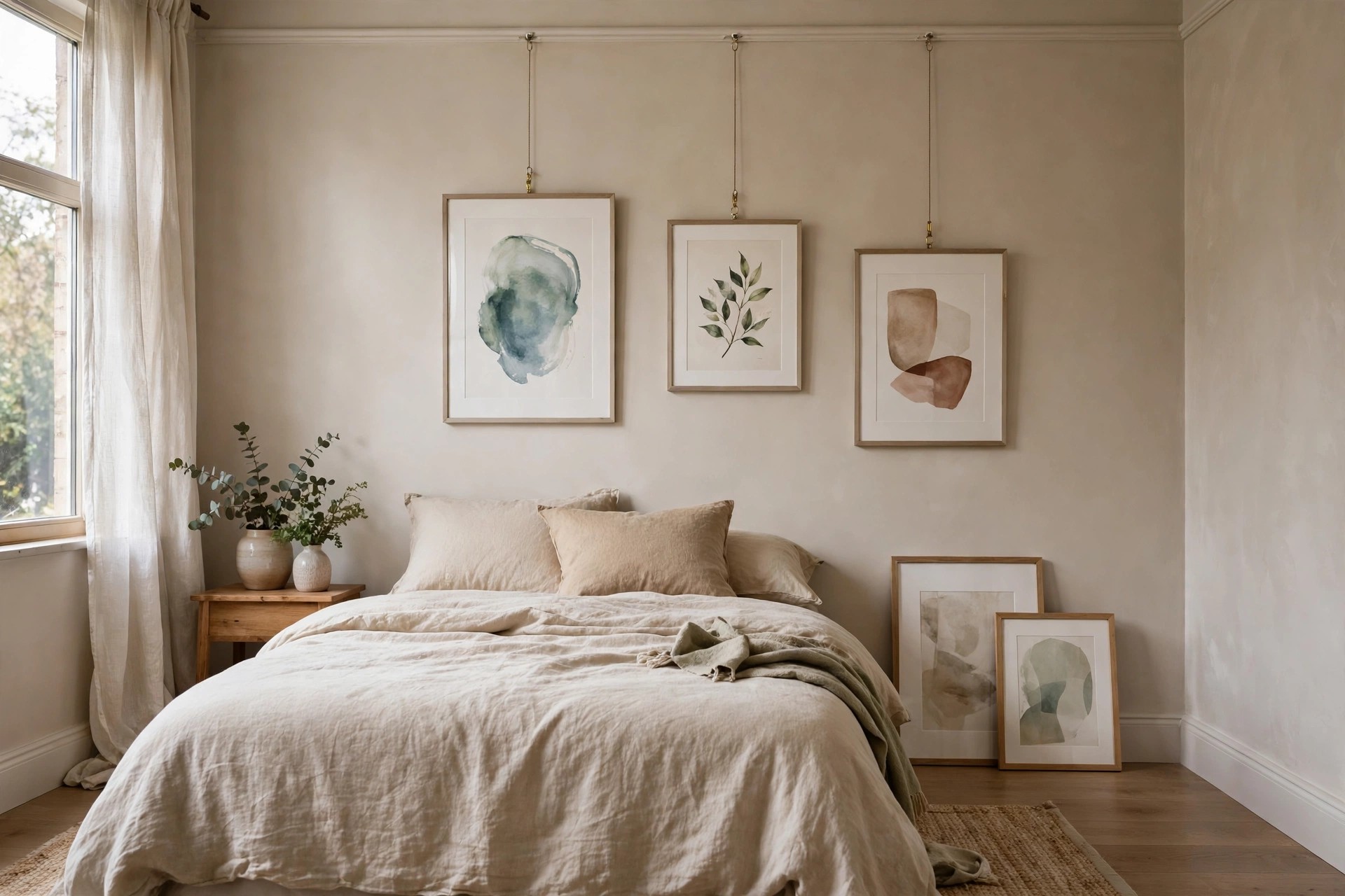 Three framed prints hung on cords from a picture rail above a bed, with two spare framed prints leaning on the floor beside the bed