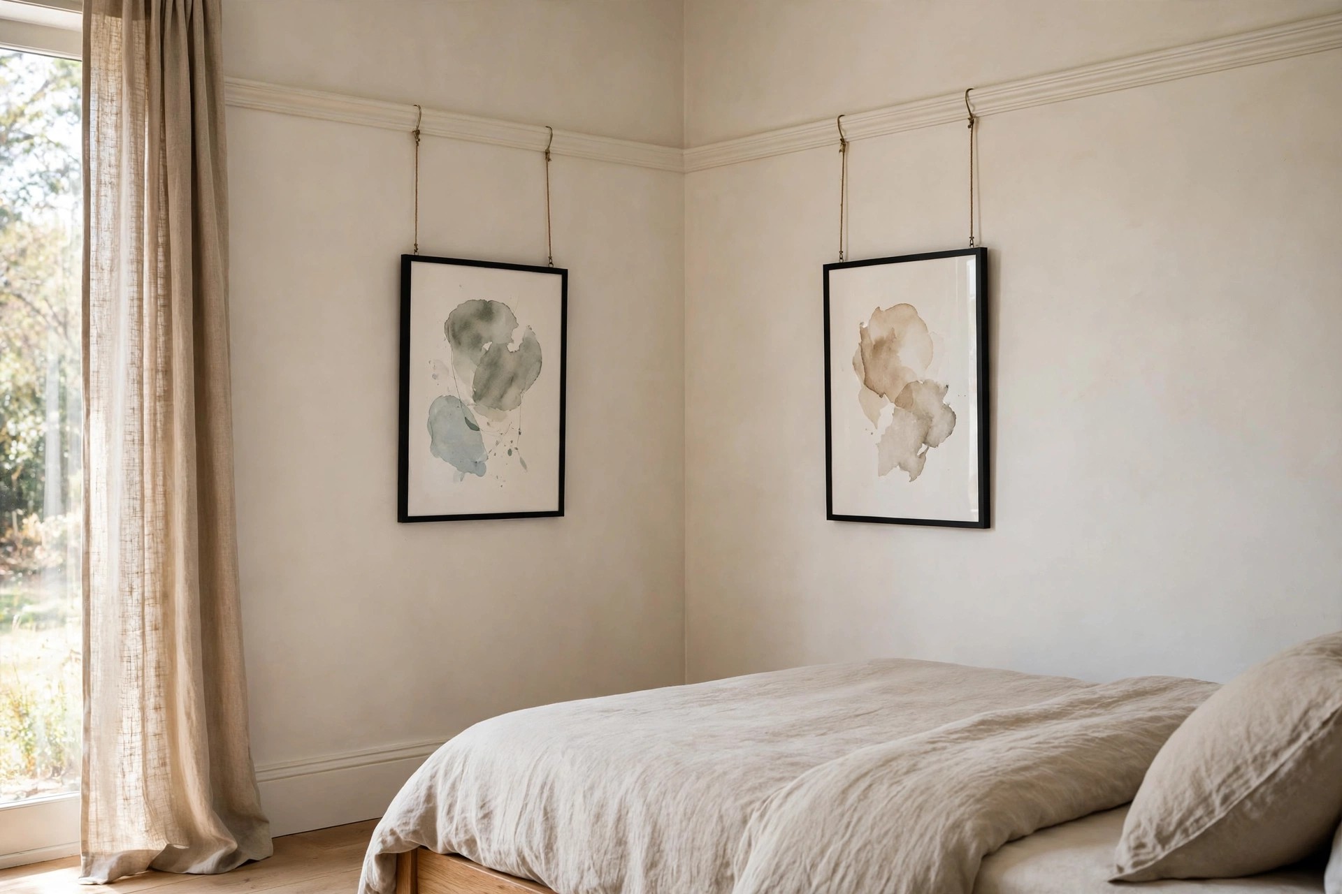 Two black framed abstract prints, one on each wall of a bedroom corner, both hung on cords from a wrapping picture rail