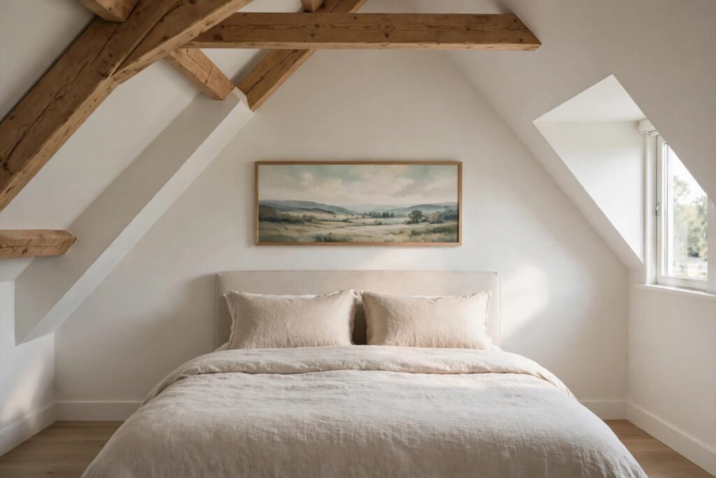 Bed with cream bedding under beamed sloped ceilings, with a long framed landscape print hung above the headboard and a dormer window to the right