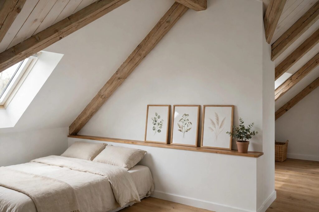 Three framed botanical prints and a small potted plant leaning on a long wood ledge above a low bed under a sloped ceiling