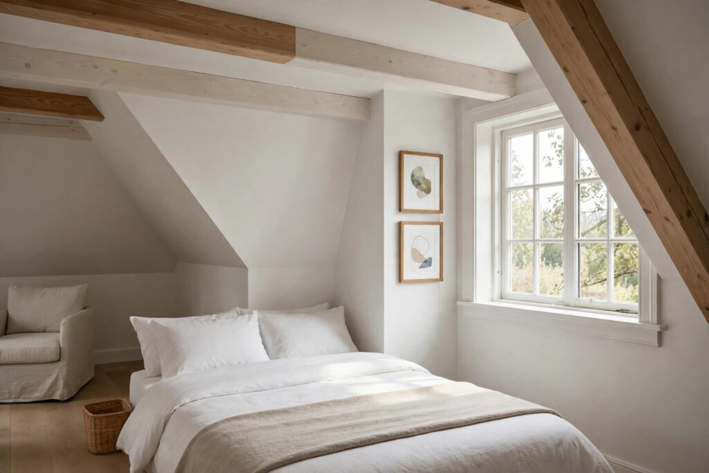 Two small framed abstract prints stacked on a narrow wall beside a large dormer window, above a white bed in a sloped ceiling room