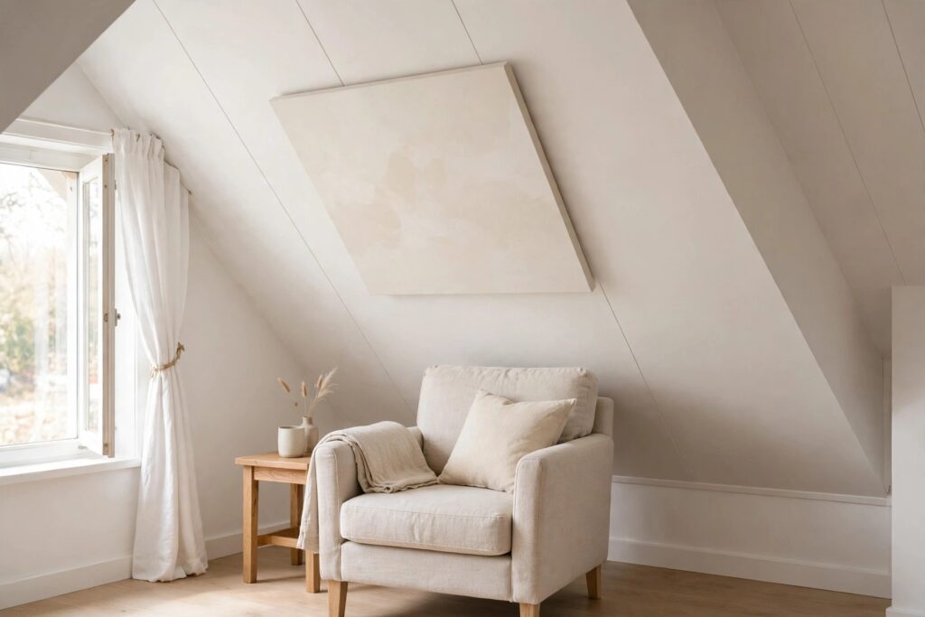 Large pale canvas mounted flat on a white sloped ceiling above a cream armchair and a small wood side table by a window