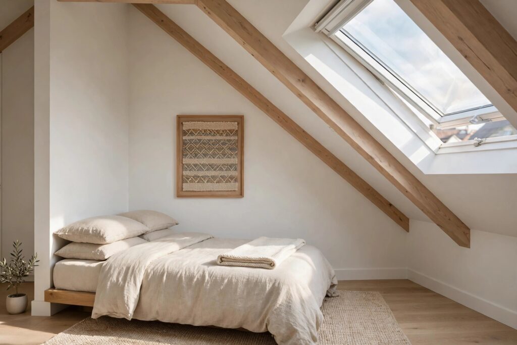 Framed woven textile wall art with a diamond pattern above a low platform bed, beside a sloped ceiling with a large roof window