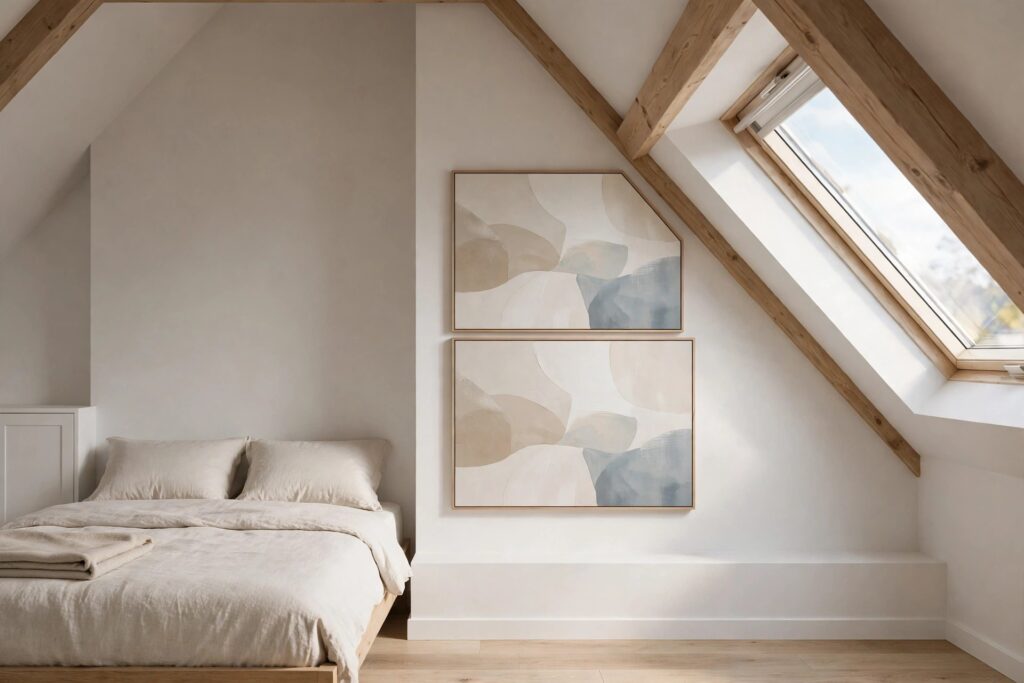 Two stacked abstract panels in beige and soft blue beside a sloped ceiling with a skylight, the top panel cut at an angle to follow the slope