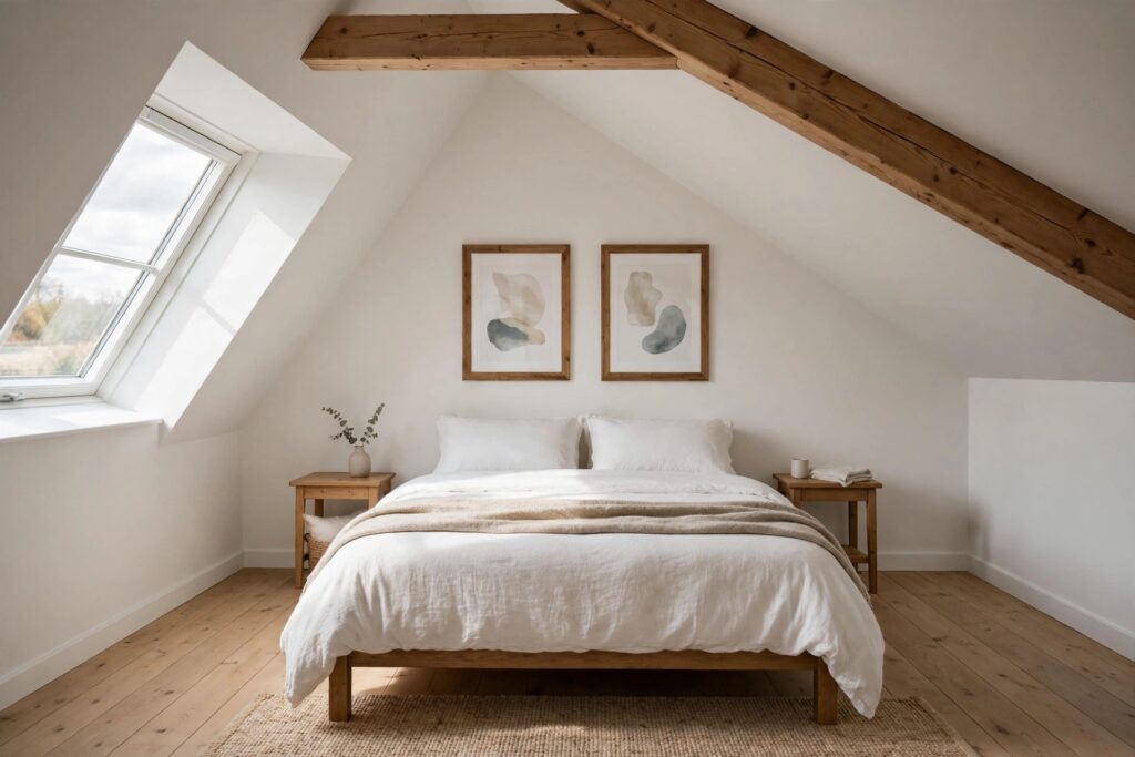Two framed abstract prints side by side above a white bed on a gable wall, with a sloped ceiling and skylight to the left