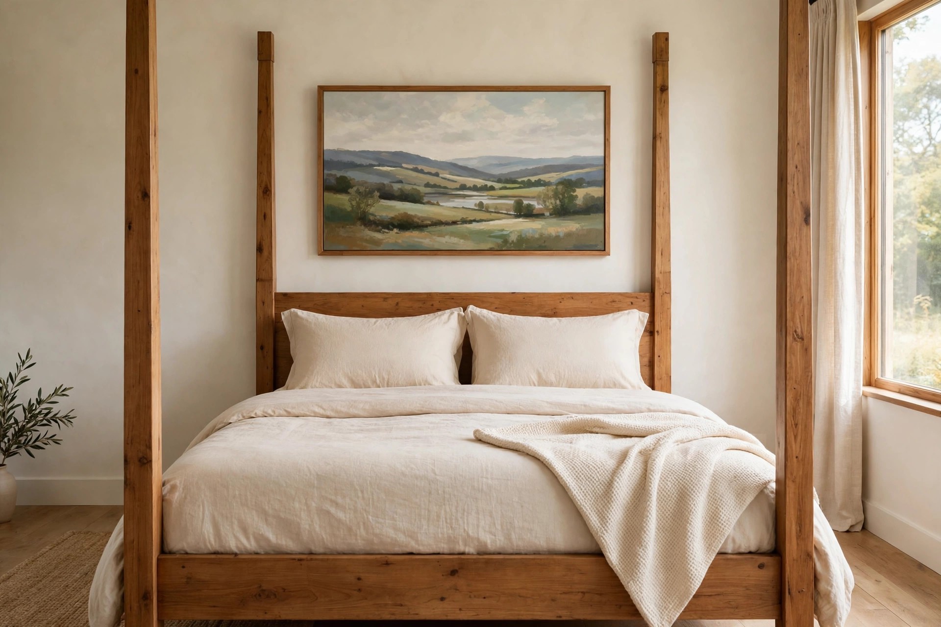 Light wood four poster bed with cream bedding and a wide framed landscape painting above the headboard between the posts