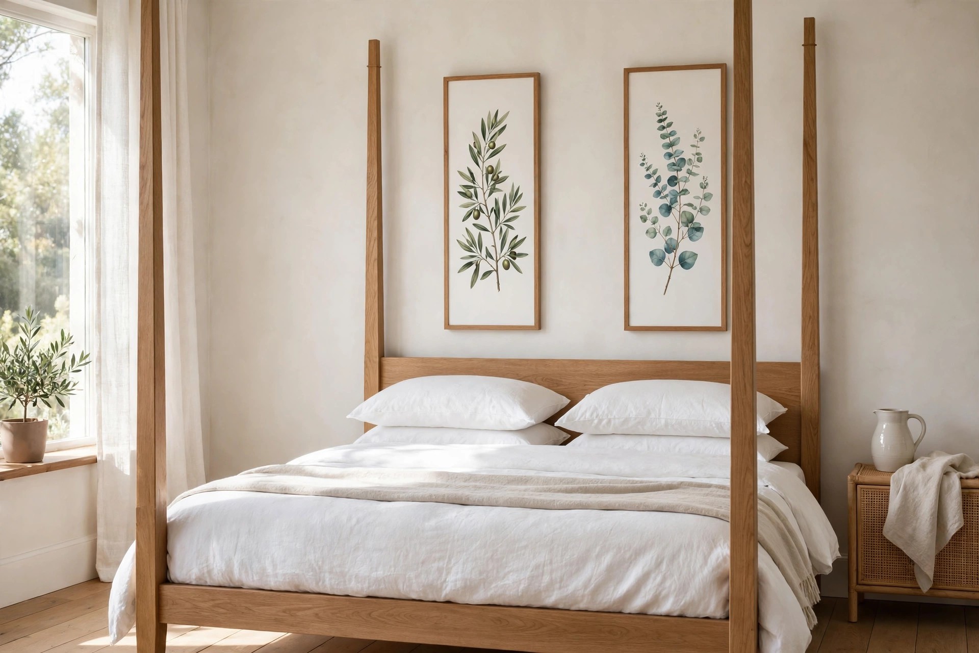 Light wood four poster bed with white bedding and two tall narrow botanical prints, an olive branch and a eucalyptus stem, above the headboard