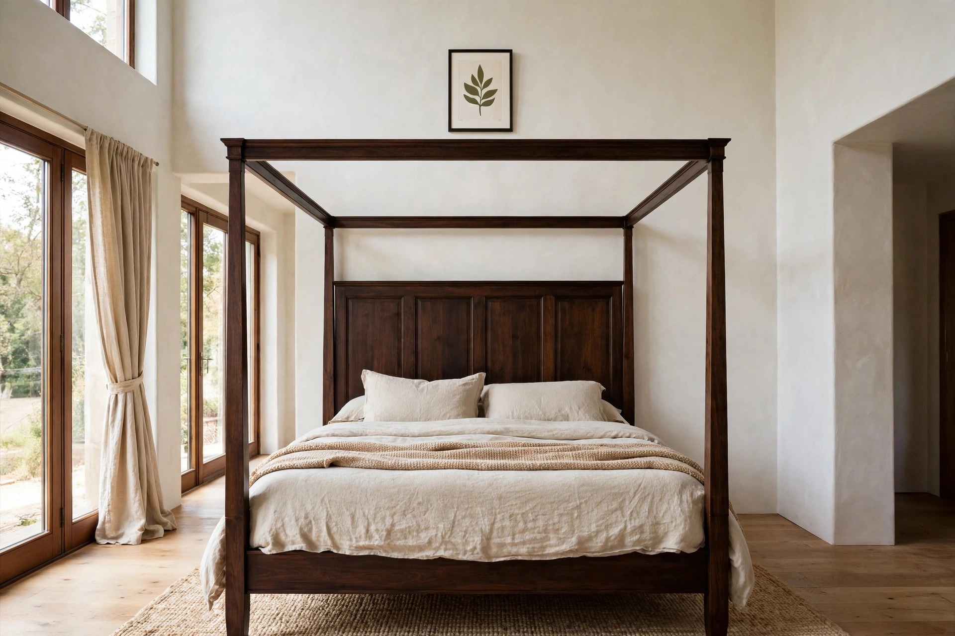 Dark wood canopy four poster bed with a tall paneled headboard and one small framed leaf print high on the wall above the top rail