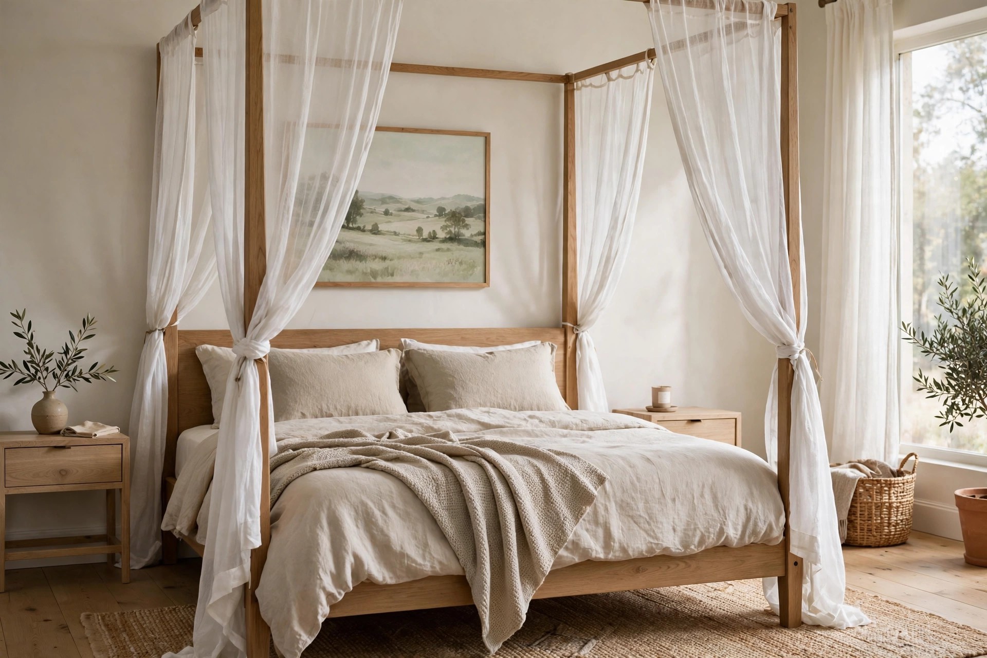 Light wood canopy bed with sheer white panels tied back at the posts and a muted sage landscape print above the headboard