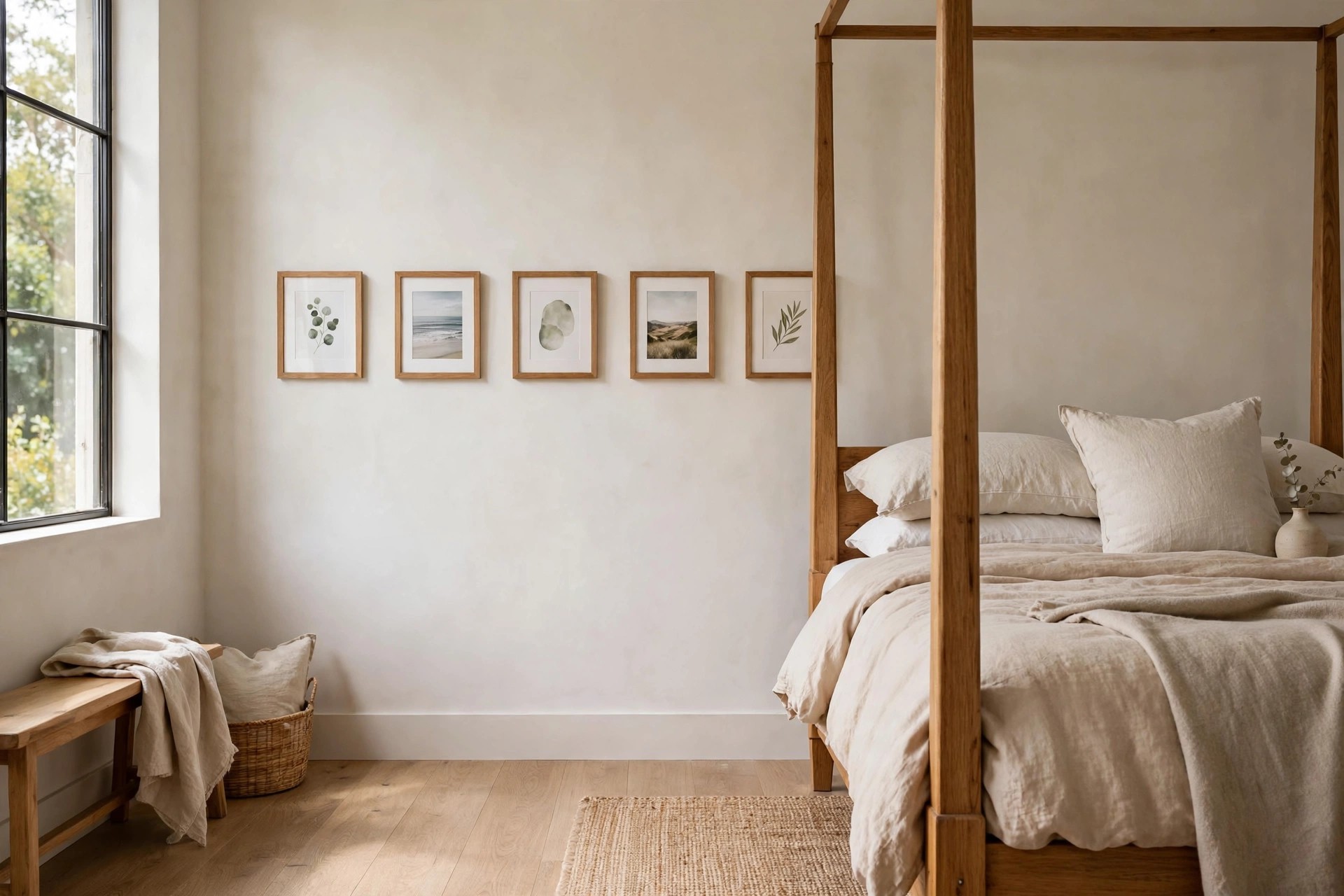 Row of five small framed prints in a straight line on the side wall beside a wood four poster bed with beige bedding