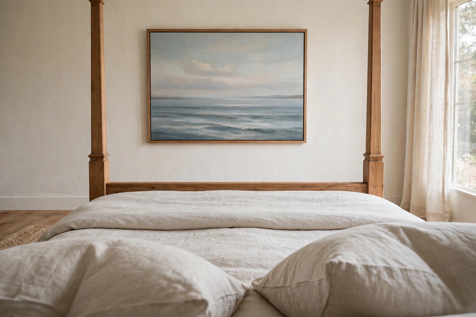 View from the pillows of a four poster bed past the foot posts to a large framed seascape painting on the opposite wall