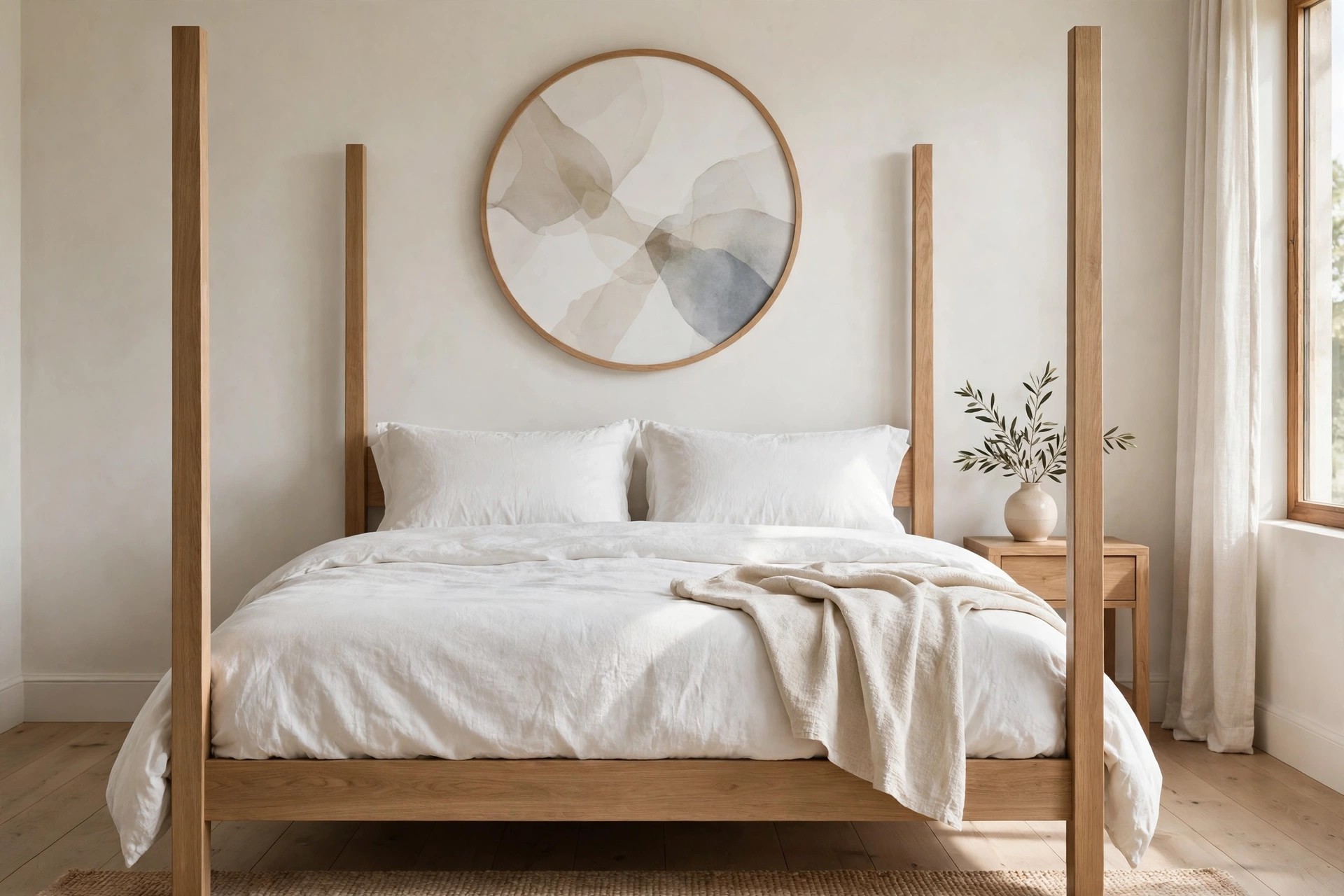 Light wood four poster bed with white bedding and one large round framed abstract print in beige and gray above the headboard
