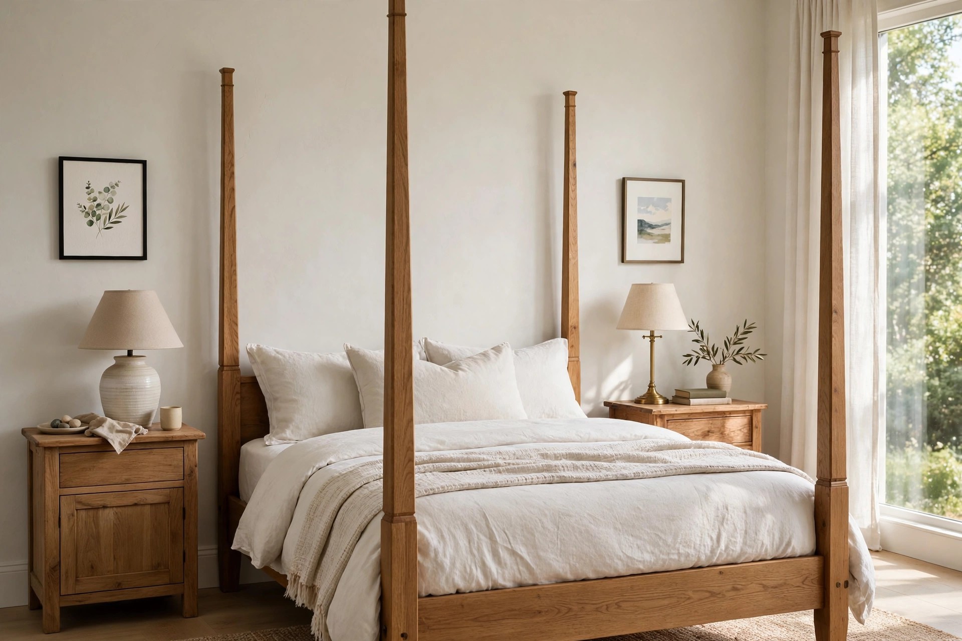 Wood four poster bed with a nightstand and lamp on each side and a small framed print above each nightstand outside the posts