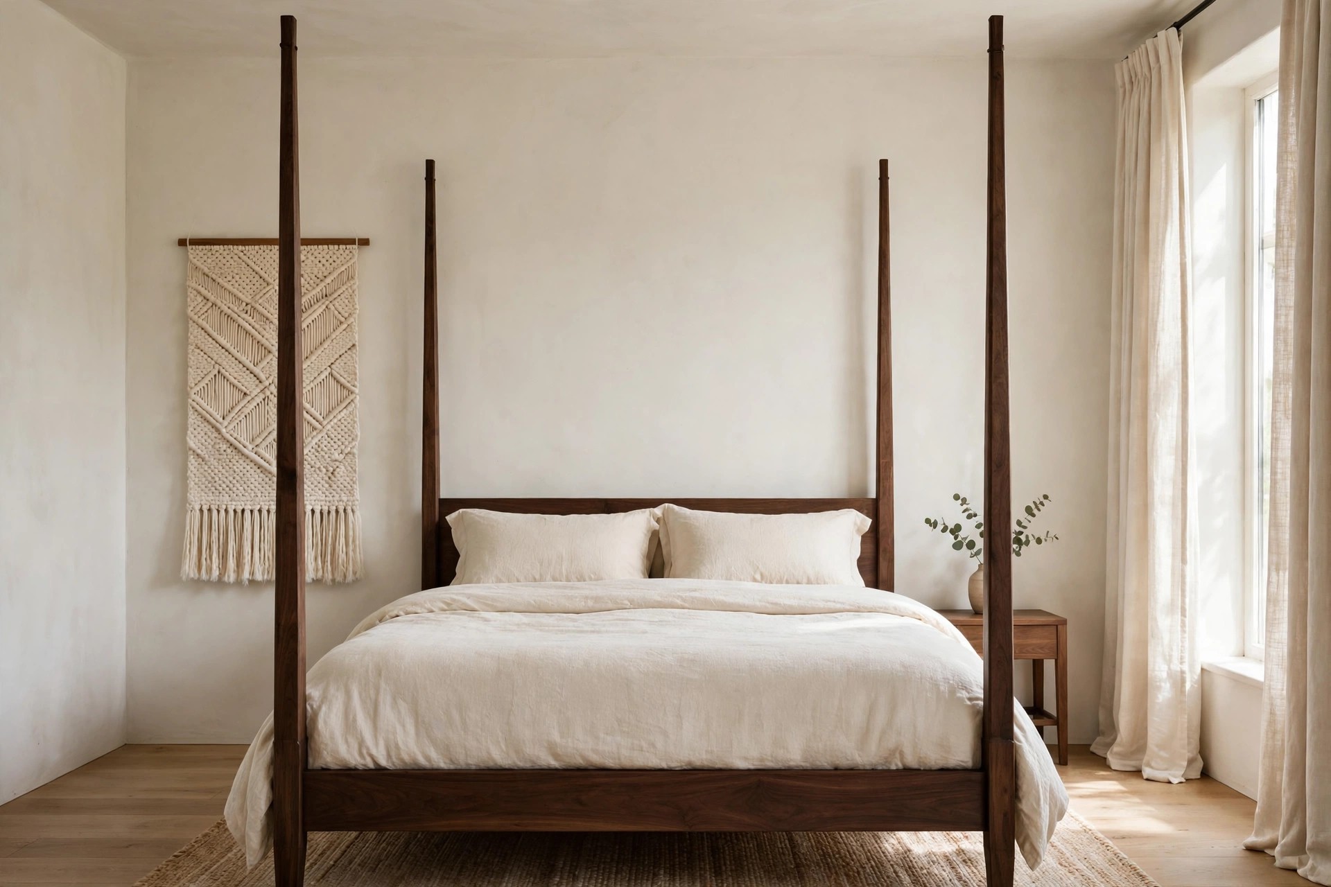 Tall dark wood four poster bed with cream bedding and a cream woven wall hanging with fringe on the wall beside the posts