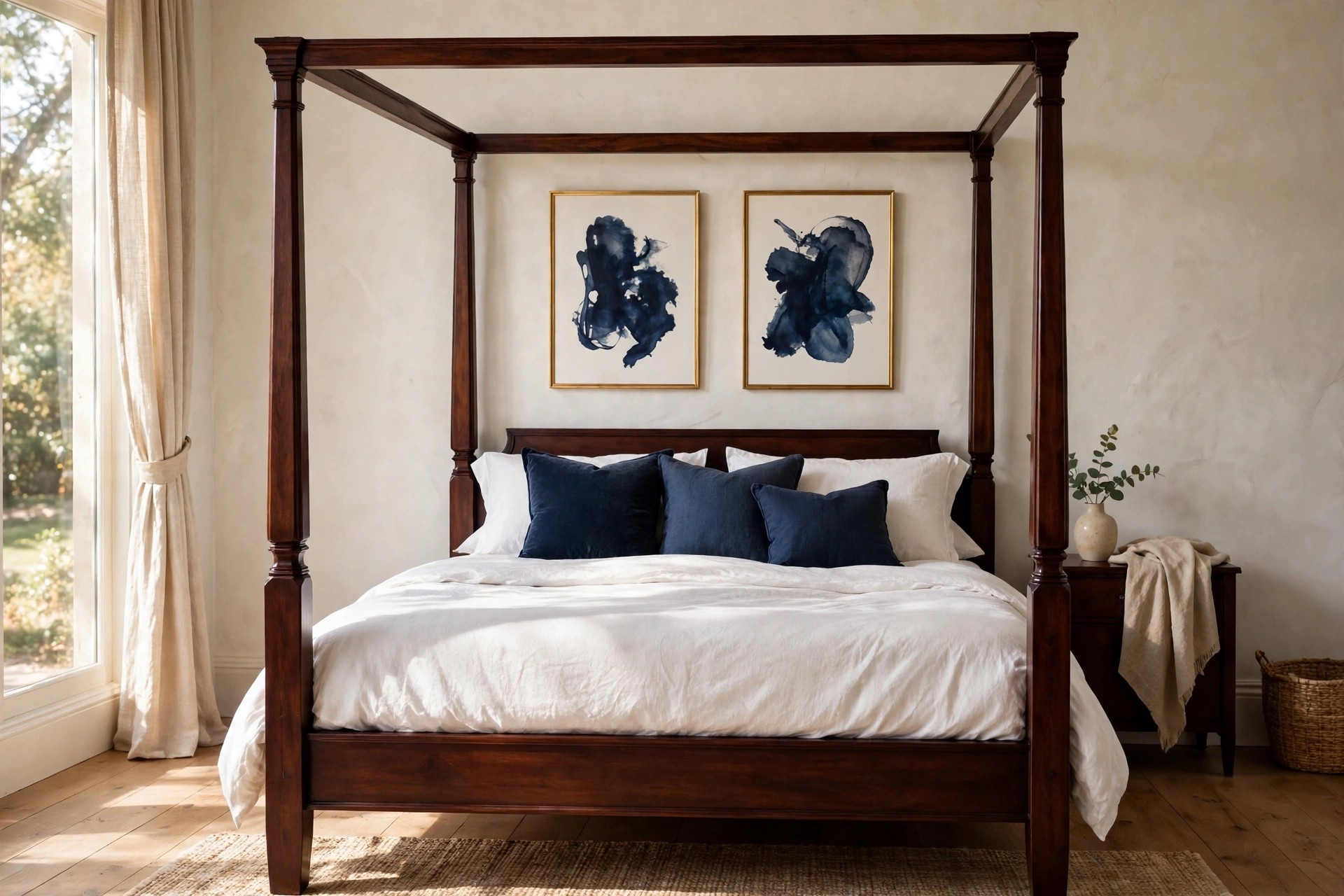 Dark mahogany canopy bed with white bedding and navy cushions and a pair of navy abstract prints in gold frames above the headboard