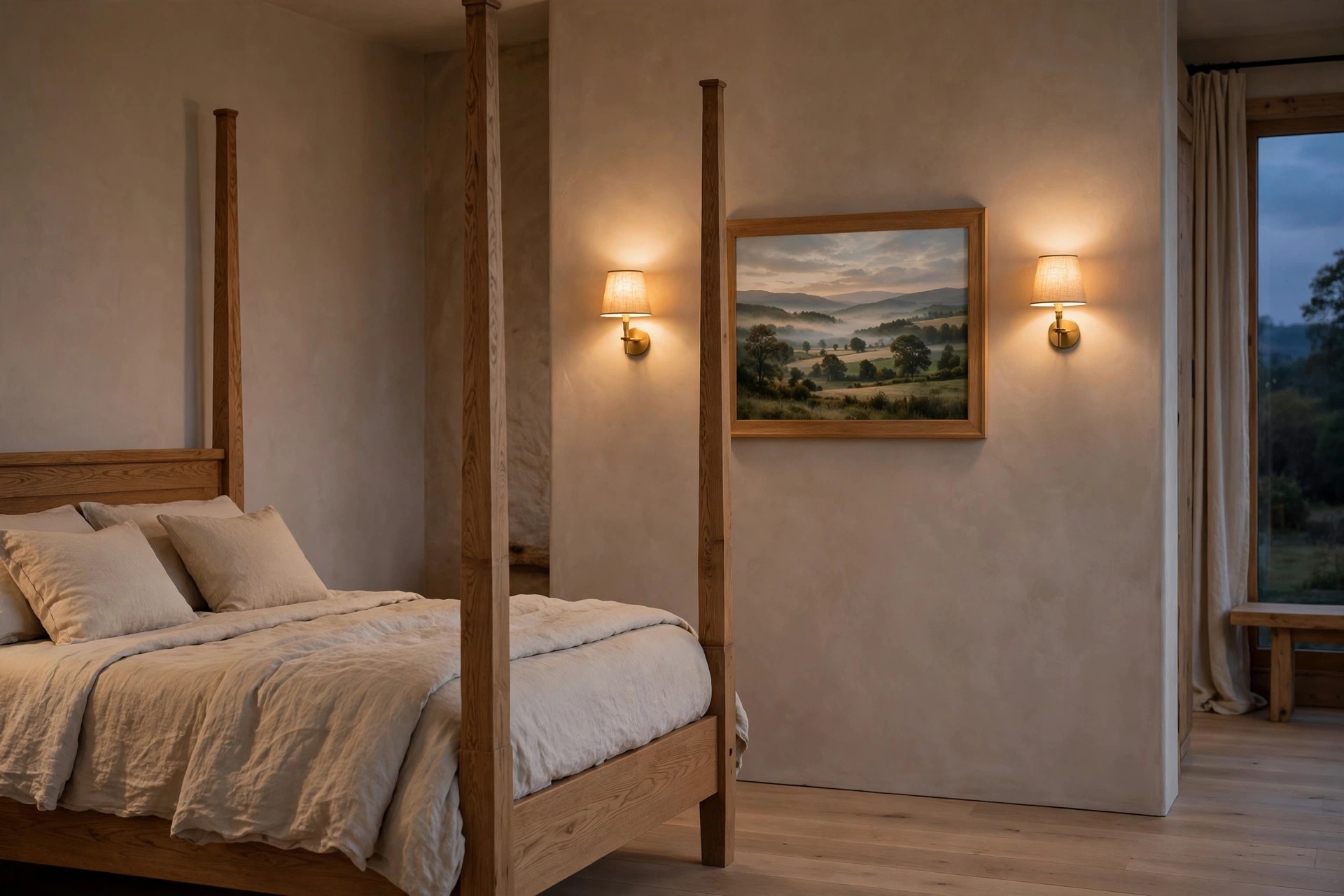 Wood four poster bed beside a wall with one framed landscape print flanked by a lit wall sconce on each side