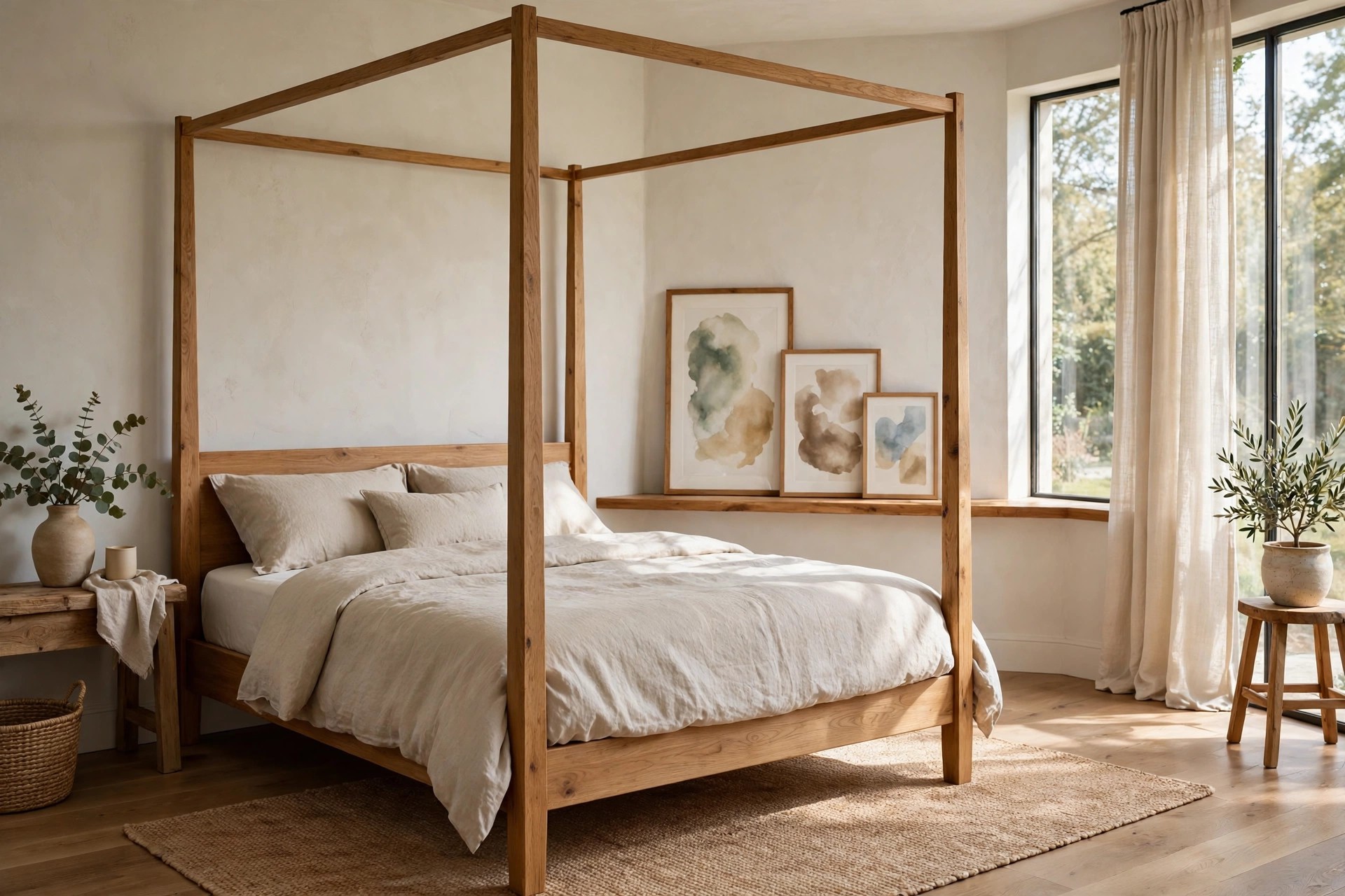 Wood canopy four poster bed with three abstract prints of different heights leaning on a long picture ledge on the wall beside the bed