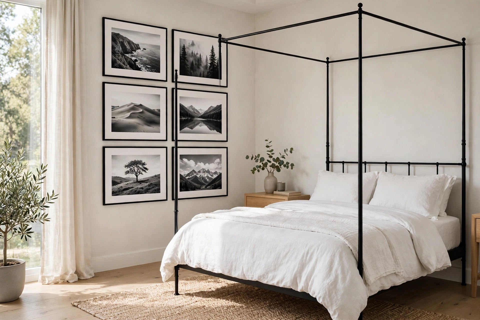 Black metal canopy bed with white bedding and a grid of six black and white landscape photos in thin black frames on the side wall