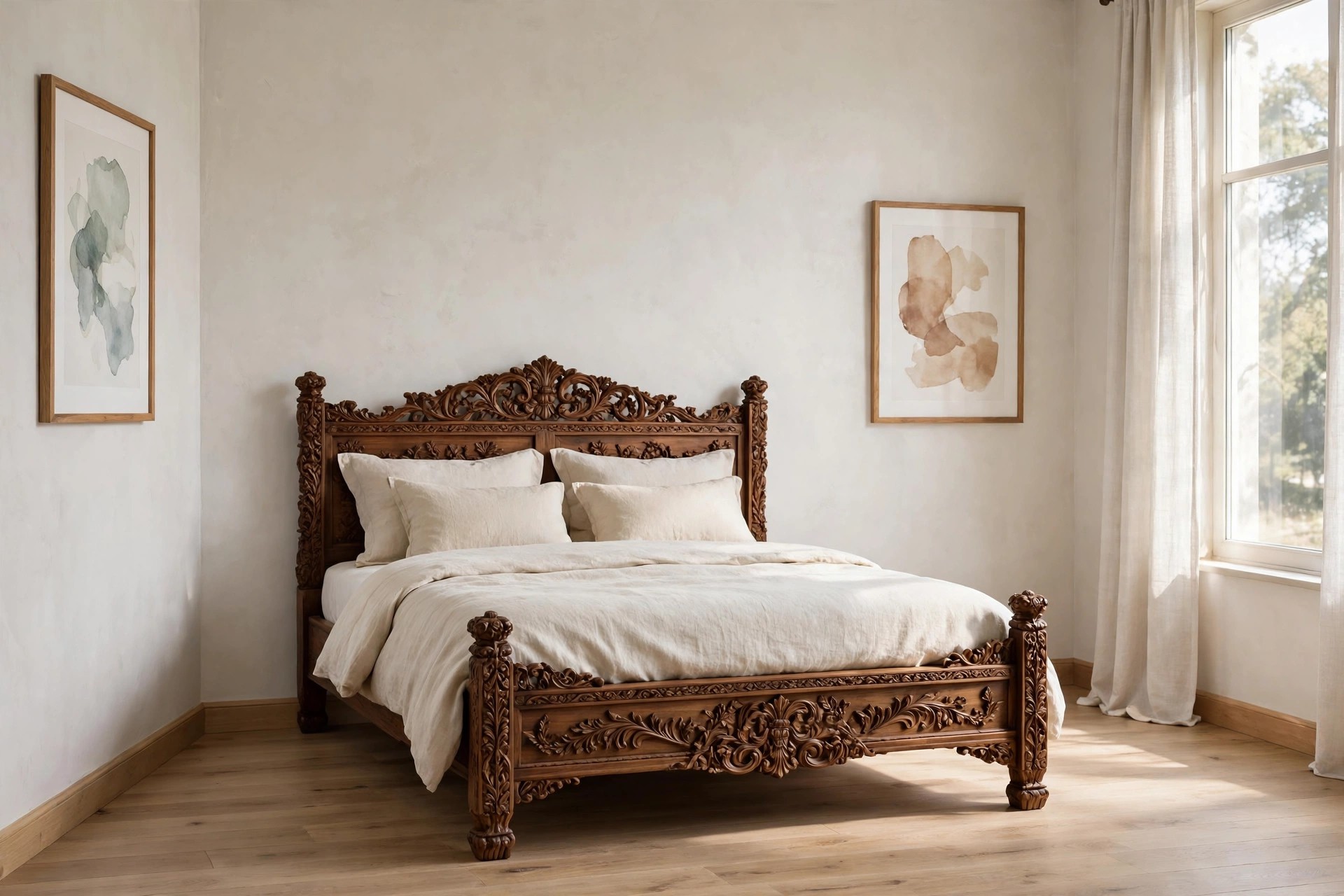 Ornate carved wood poster bed with a bare wall above the headboard and one framed abstract print on each side wall