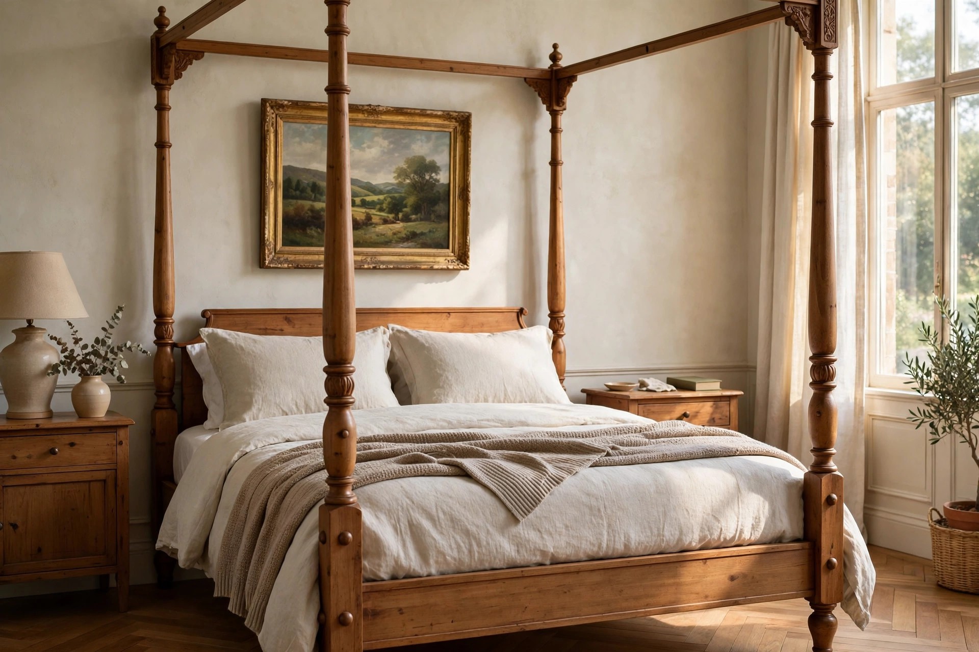 Turned wood four poster bed with a landscape painting in an antique gold frame above the headboard and wood nightstands on each side