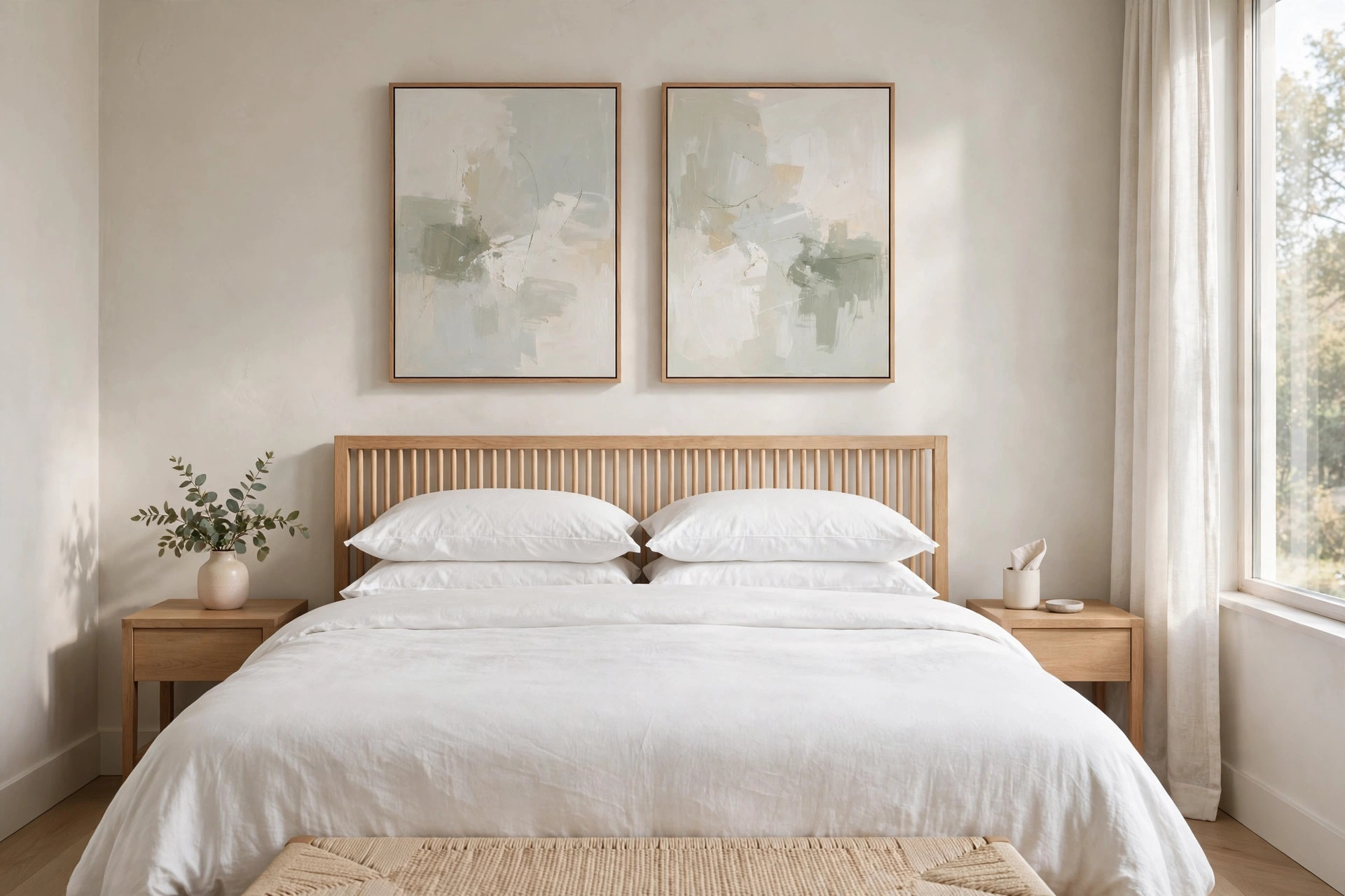 Two matching abstract paintings in pale gray and sage above a wood headboard and white bedding