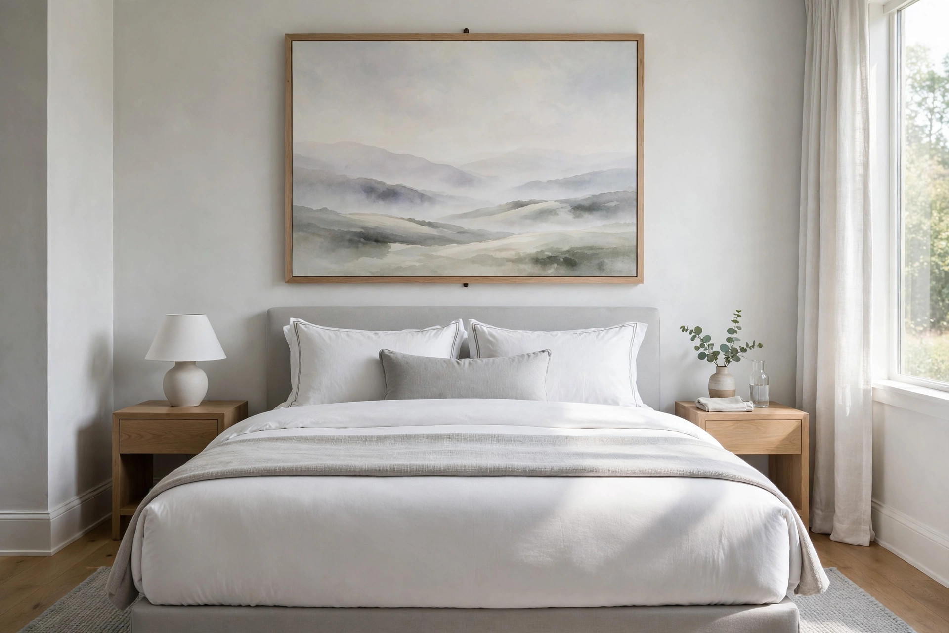 One large misty landscape painting above a neatly made bed with light wood nightstands