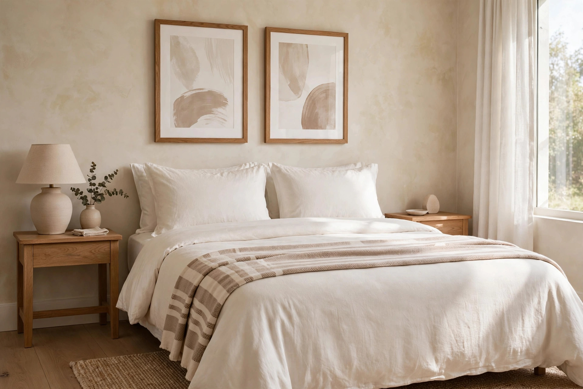 Two taupe abstract prints above a bed dressed with a striped neutral throw in matching tones
